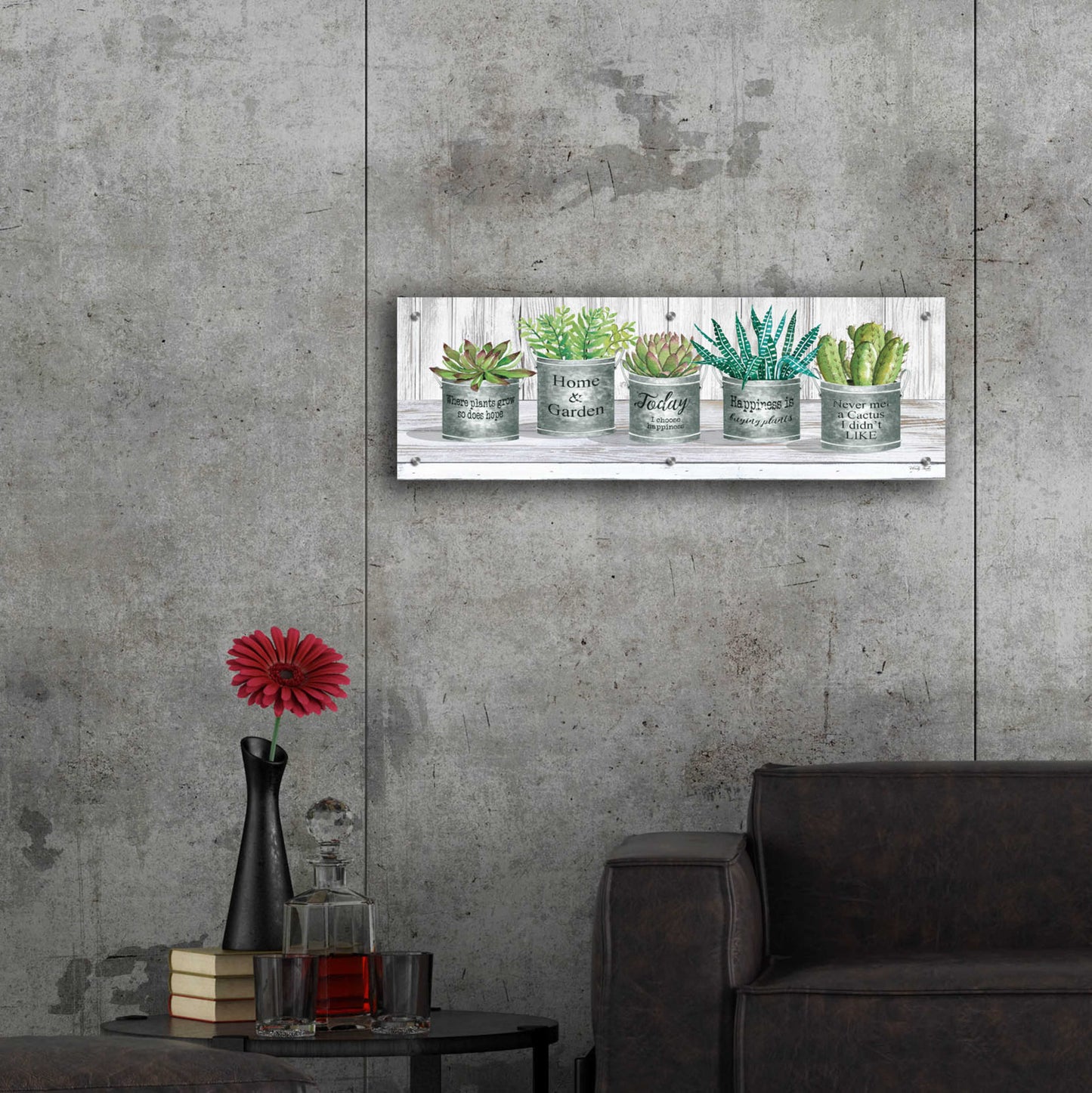 Epic Art 'Galvanized Pot Succulents II' by Cindy Jacobs, Acrylic Glass Wall Art,36x12