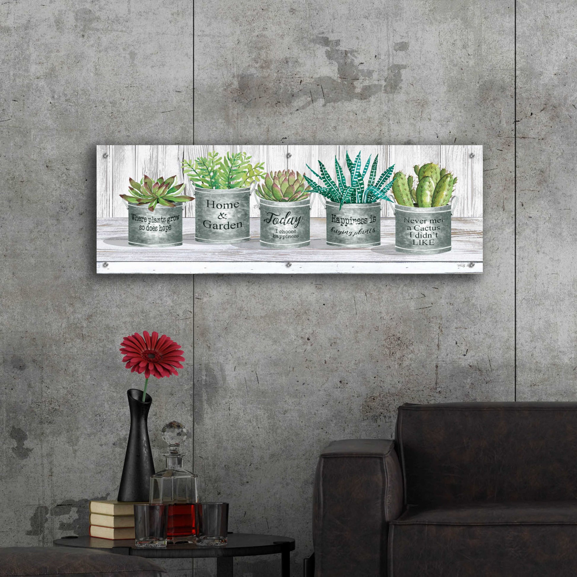 Epic Art 'Galvanized Pot Succulents II' by Cindy Jacobs, Acrylic Glass Wall Art,48x16