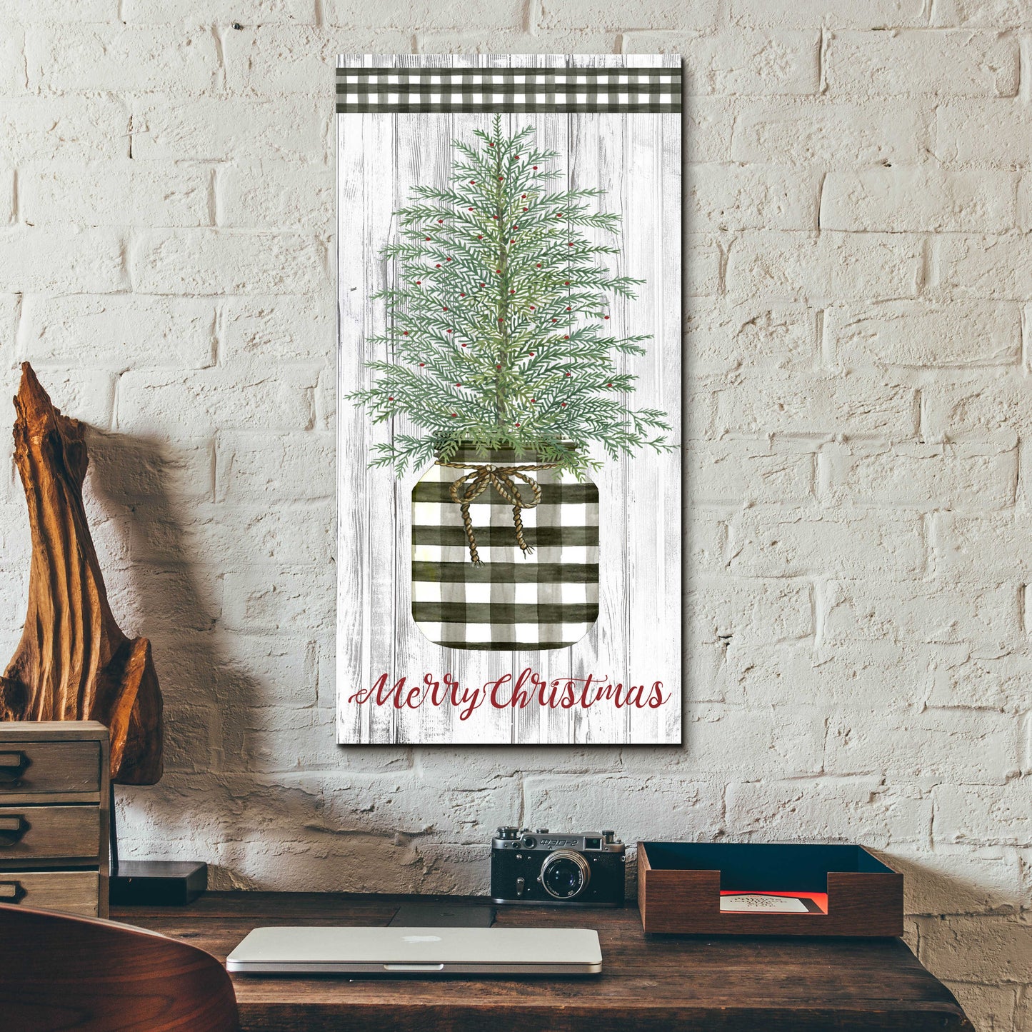 Epic Art 'Merry Christmas Buffalo Plaid Jar & Tree' by Cindy Jacobs, Acrylic Glass Wall Art,12x24