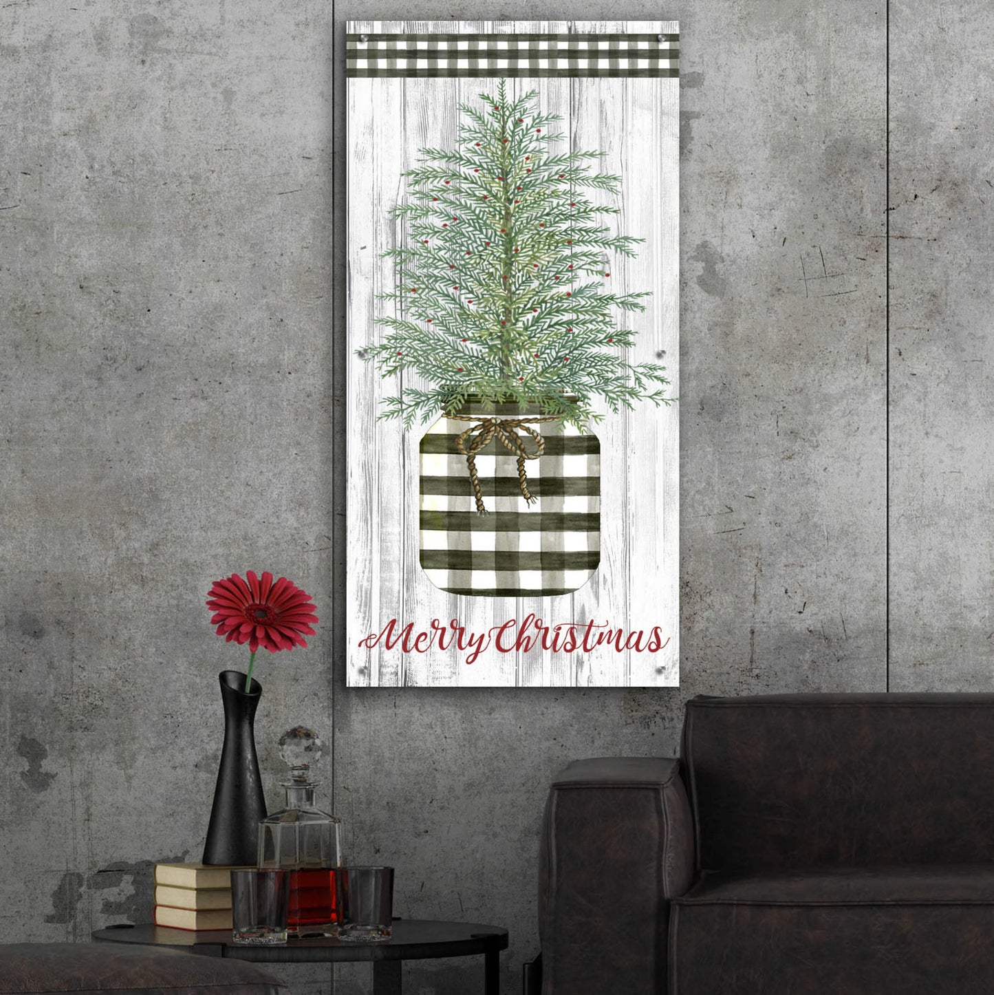 Epic Art 'Merry Christmas Buffalo Plaid Jar & Tree' by Cindy Jacobs, Acrylic Glass Wall Art,24x48