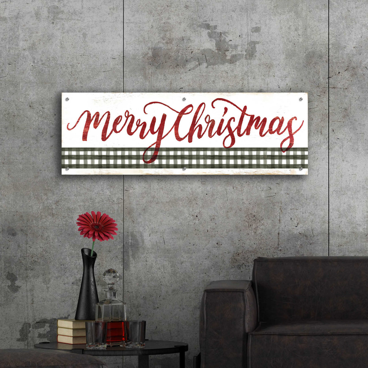Epic Art 'Merry Christmas Gingham' by Cindy Jacobs, Acrylic Glass Wall Art,48x16