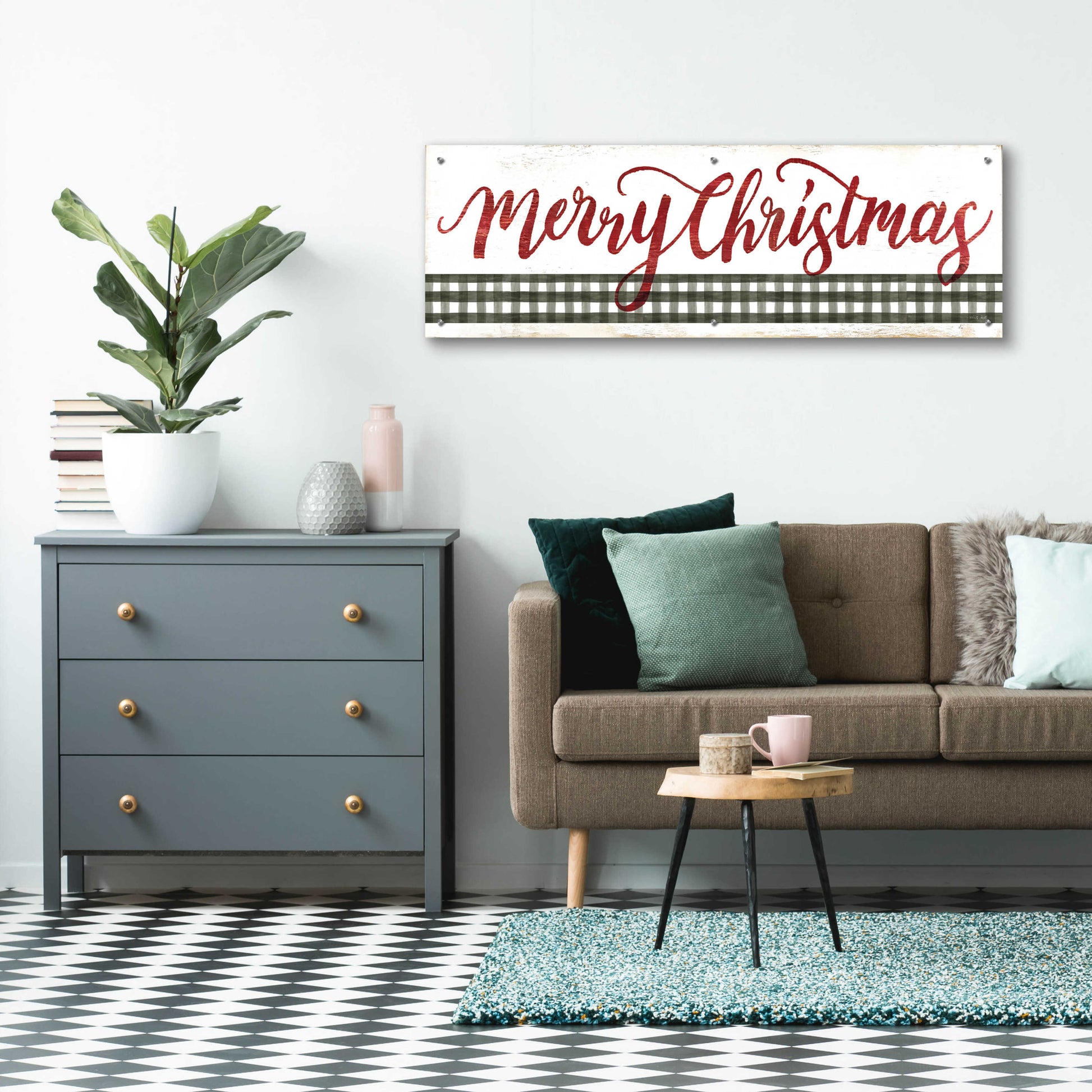 Epic Art 'Merry Christmas Gingham' by Cindy Jacobs, Acrylic Glass Wall Art,48x16