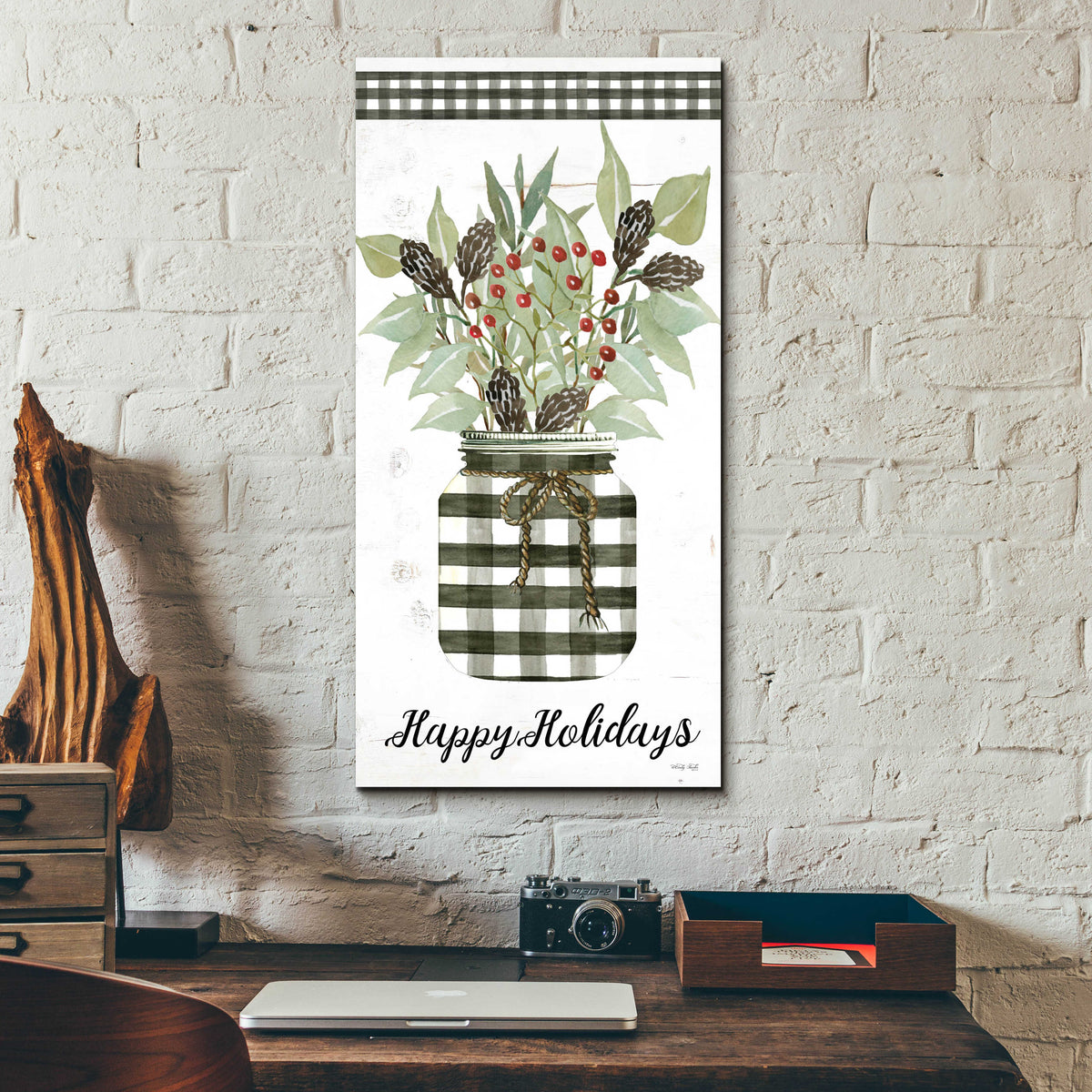 Epic Art 'Happy Holidays Gingham Jar' by Cindy Jacobs, Acrylic Glass Wall Art,12x24