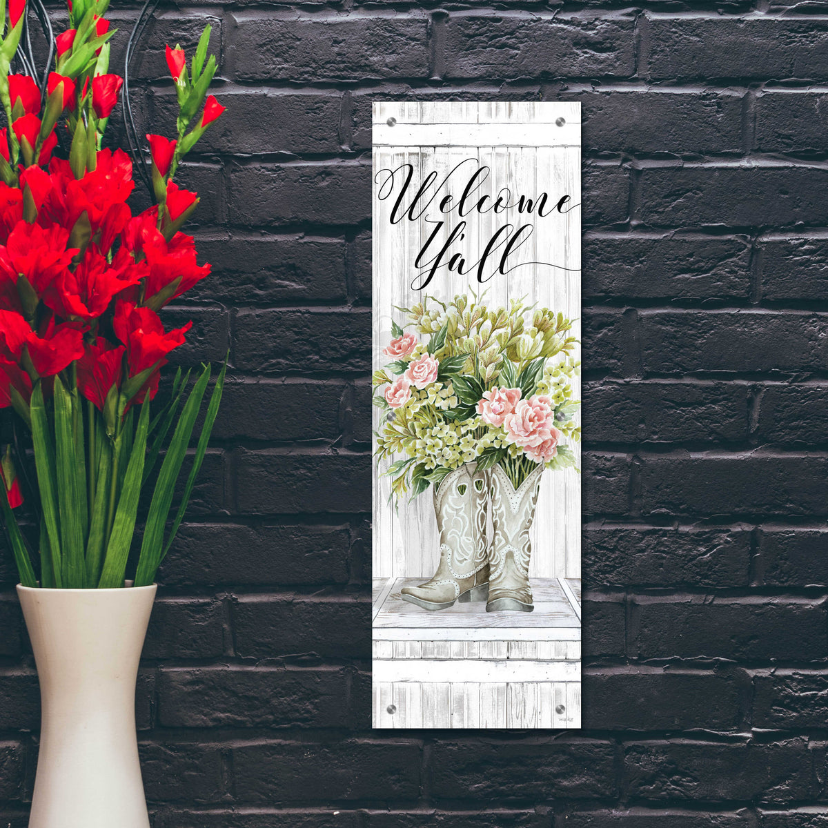 Epic Art 'Welcome Y'all Cowboy Boots' by Cindy Jacobs, Acrylic Glass Wall Art,12x36
