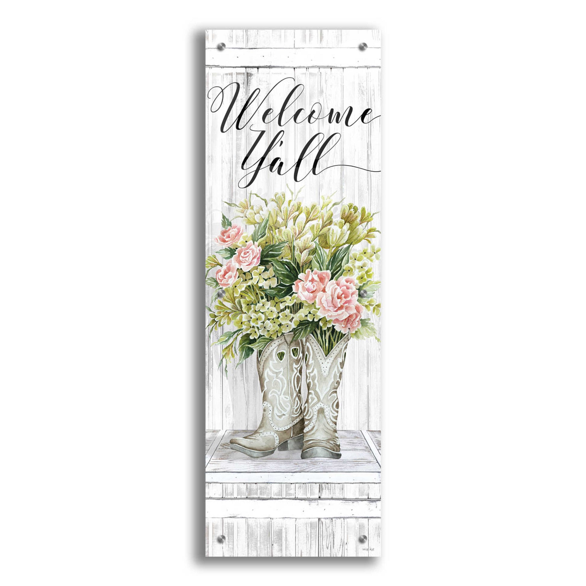 Epic Art 'Welcome Y'all Cowboy Boots' by Cindy Jacobs, Acrylic Glass Wall Art,12x36
