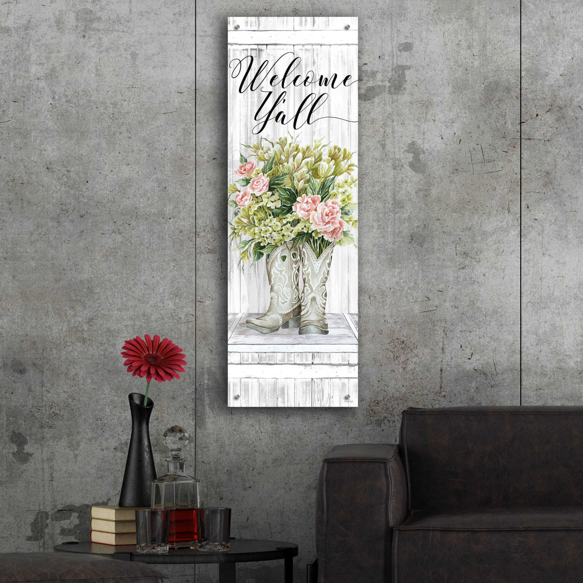 Epic Art 'Welcome Y'all Cowboy Boots' by Cindy Jacobs, Acrylic Glass Wall Art,16x48