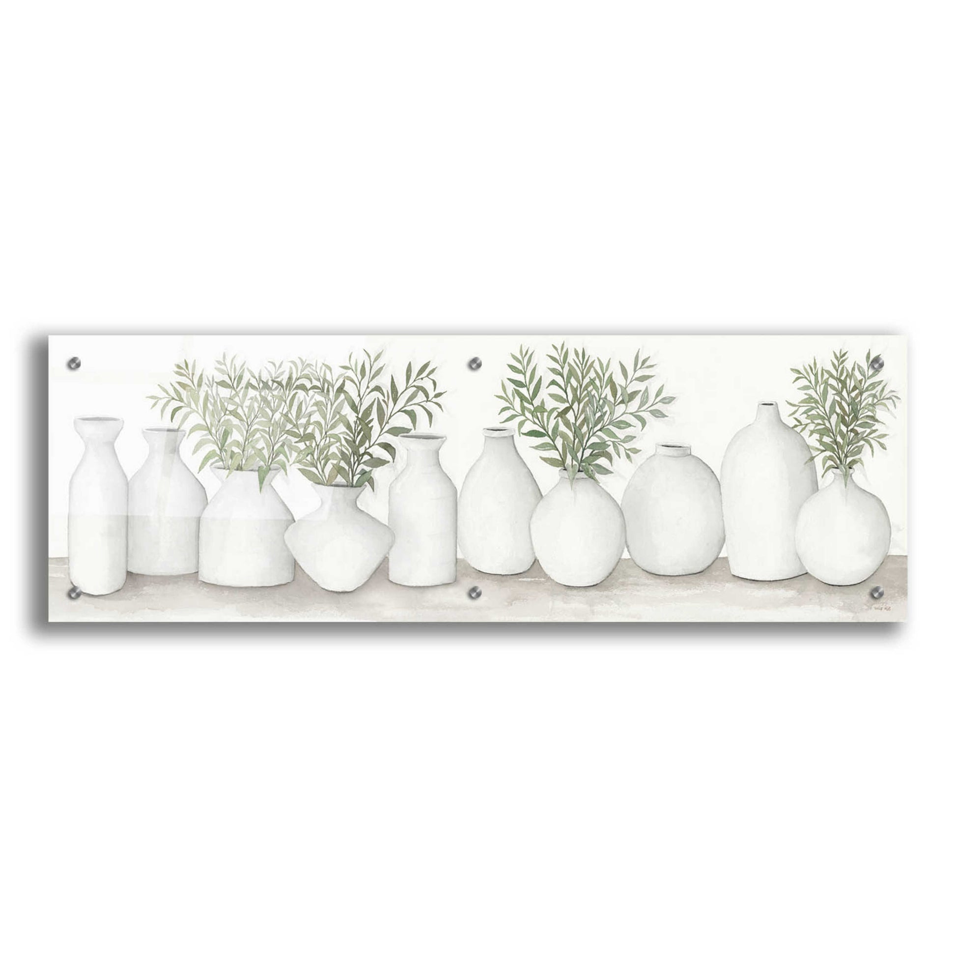 Epic Art 'White Vases Still Life' by Cindy Jacobs, Acrylic Glass Wall Art,36x12