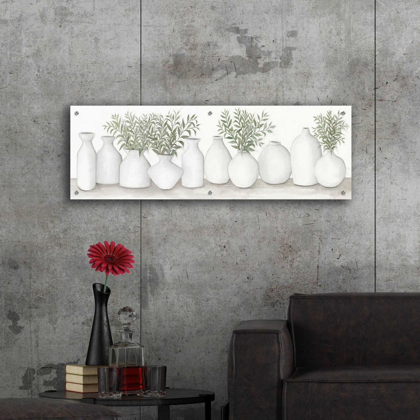 Epic Art 'White Vases Still Life' by Cindy Jacobs, Acrylic Glass Wall Art,48x16