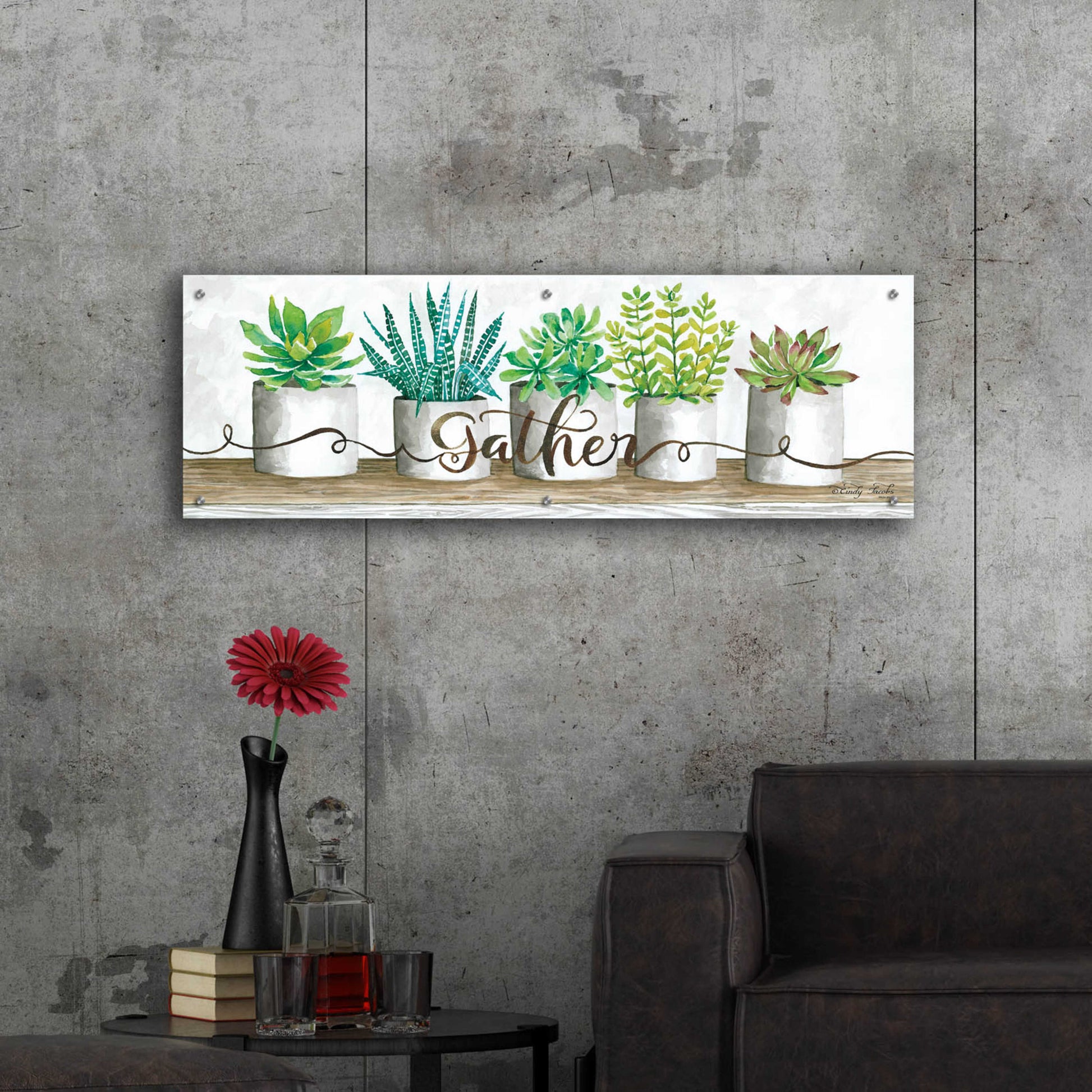 Epic Art 'Gather Succulent Pots' by Cindy Jacobs, Acrylic Glass Wall Art,48x16