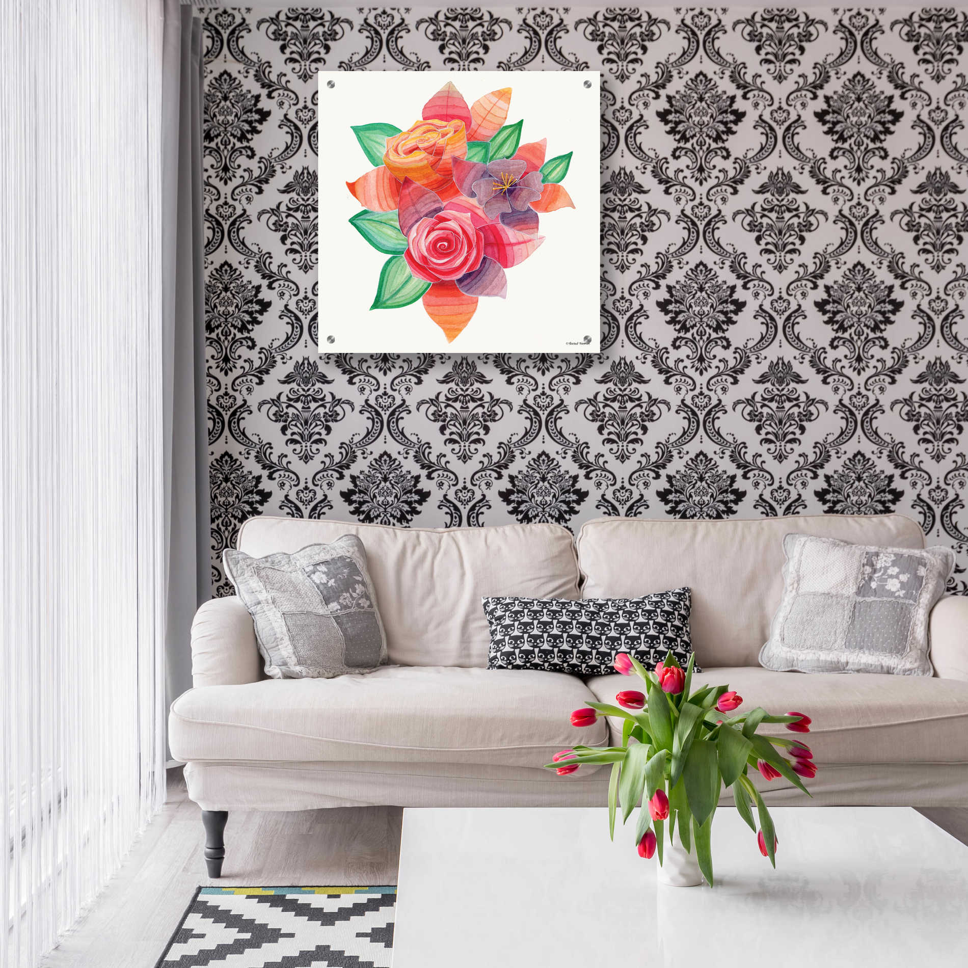 Epic Art 'Stiped Vibrant Florals' by Rachel Nieman, Acrylic Glass Wall Art,24x24