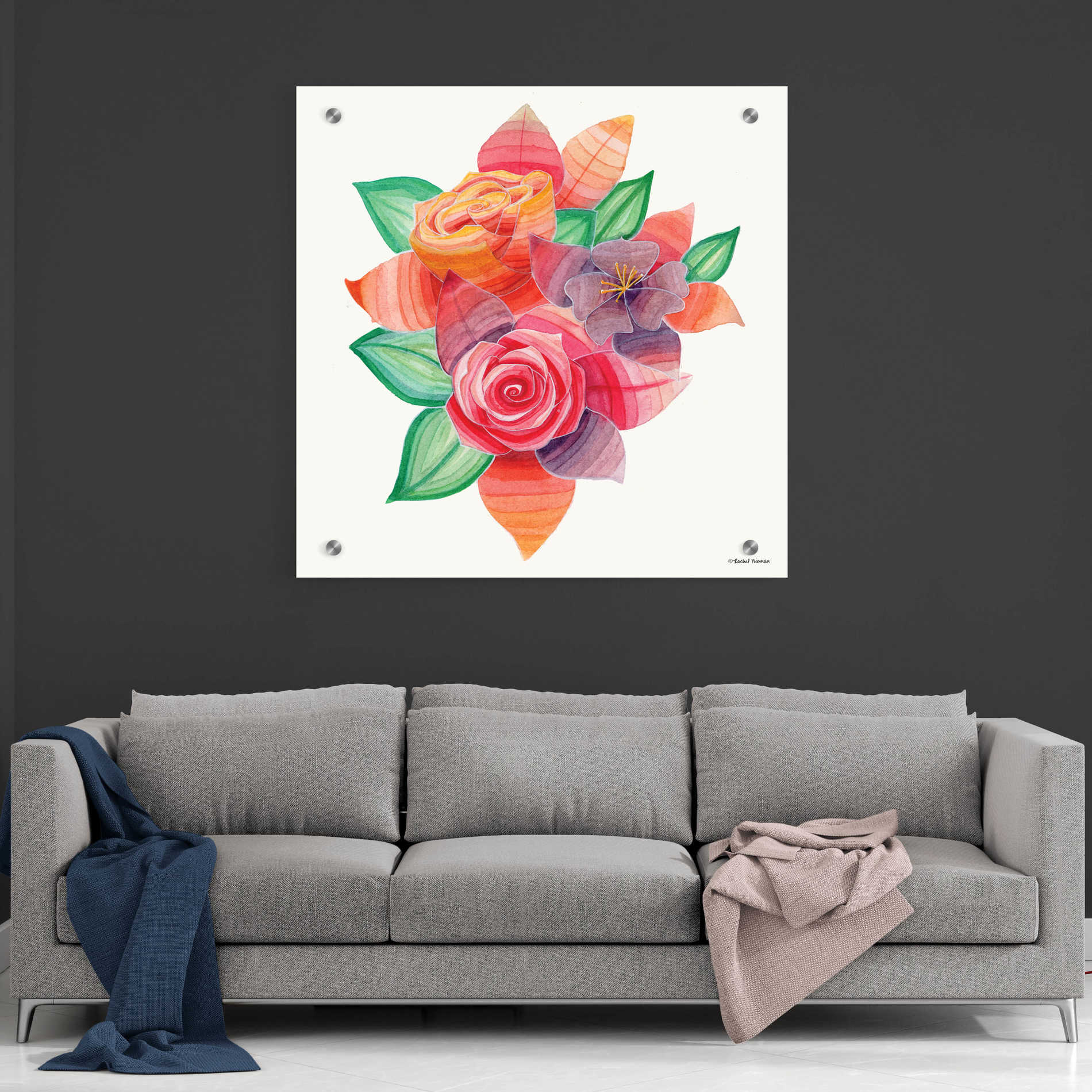 Epic Art 'Stiped Vibrant Florals' by Rachel Nieman, Acrylic Glass Wall Art,36x36