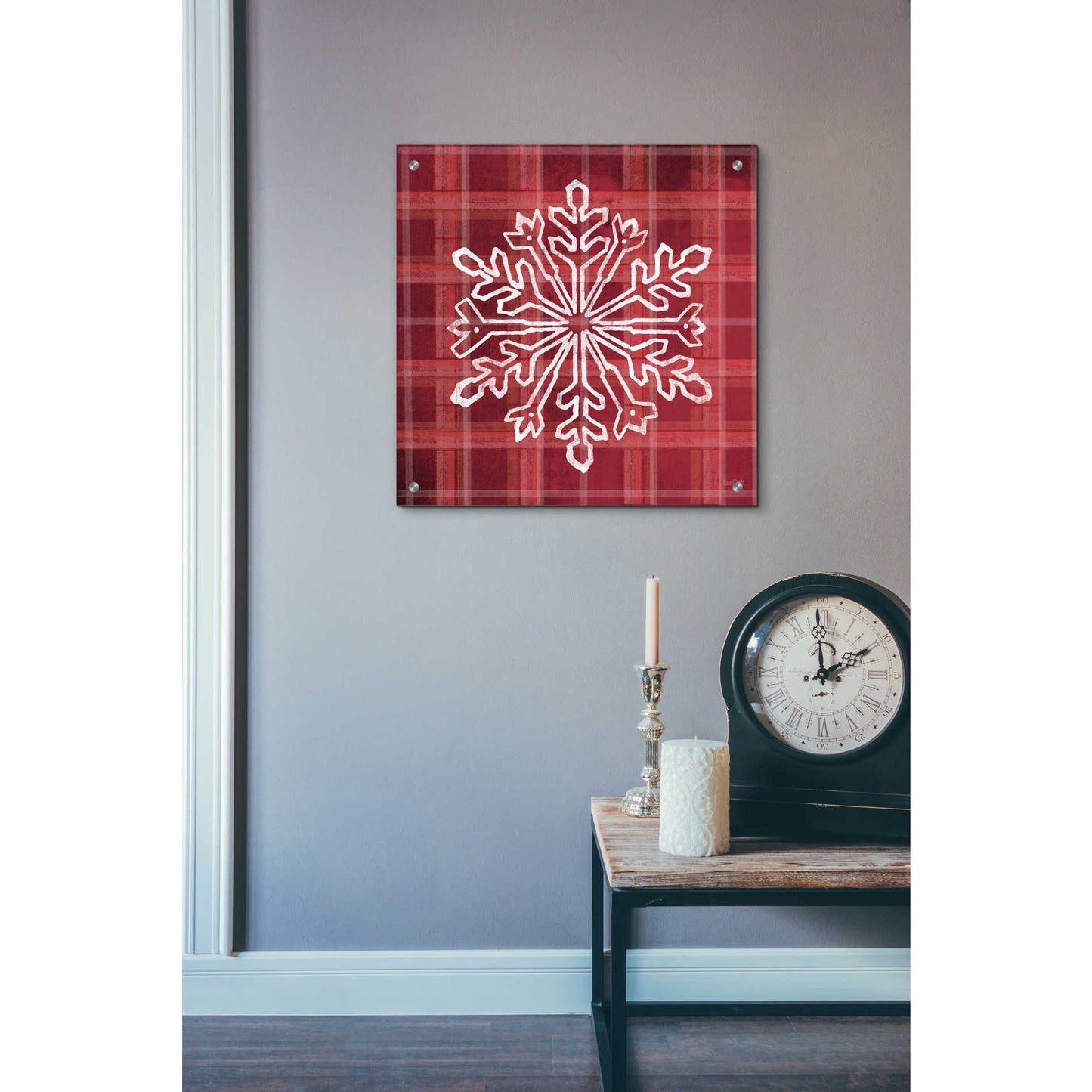 Epic Art 'Red Plaid Snowflakes' by House Fenway, Acrylic Glass Wall Art,24x24