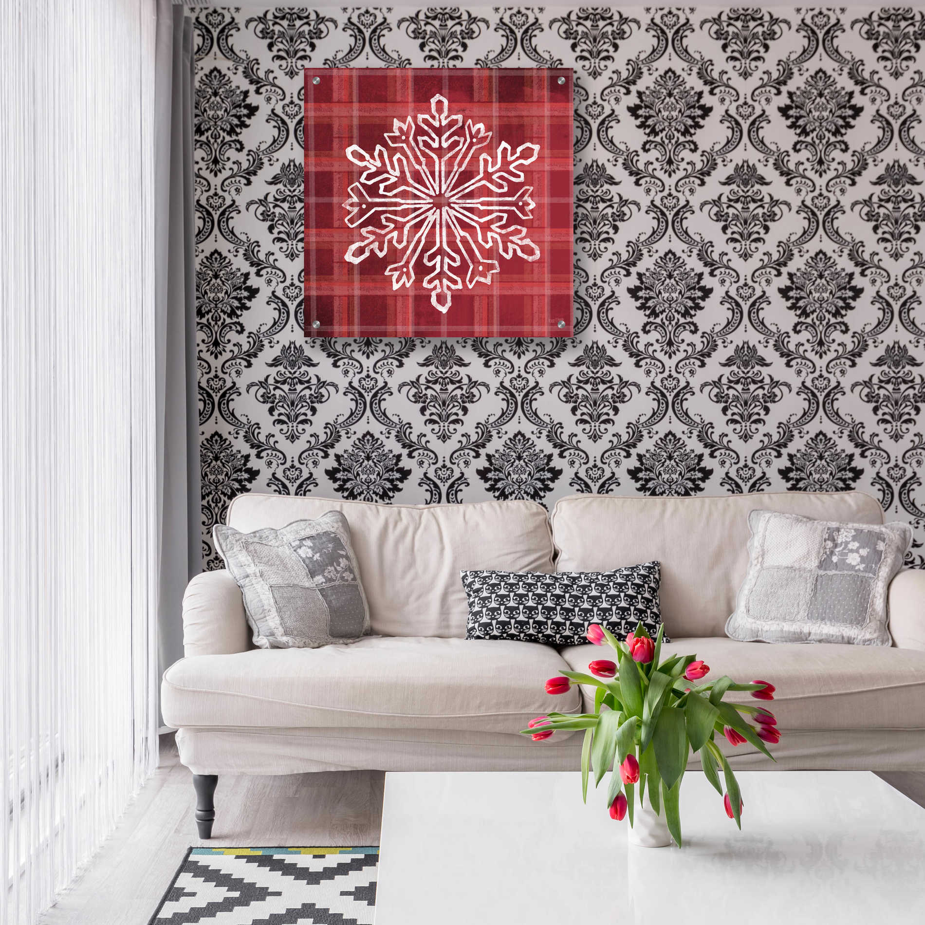 Epic Art 'Red Plaid Snowflakes' by House Fenway, Acrylic Glass Wall Art,24x24