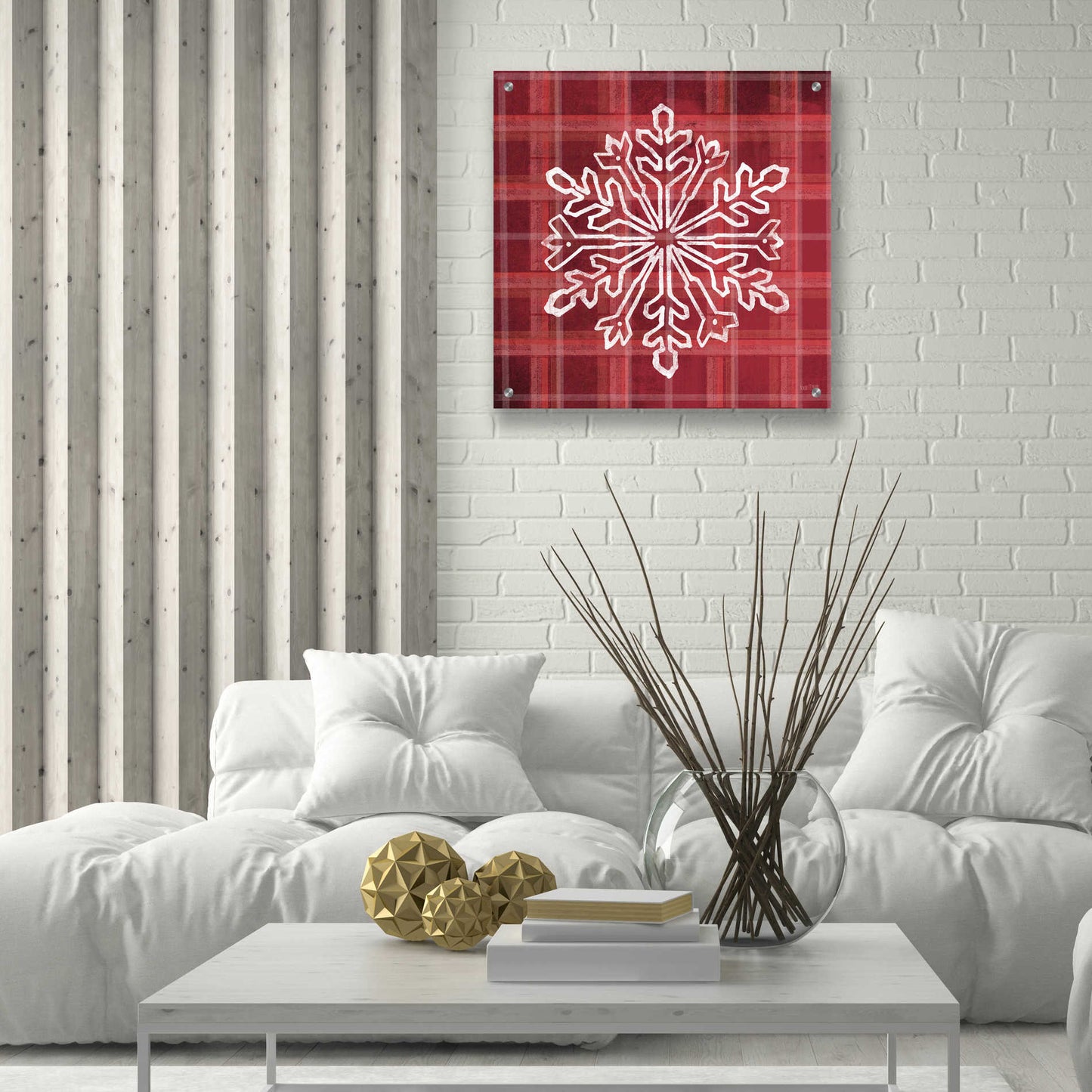 Epic Art 'Red Plaid Snowflakes' by House Fenway, Acrylic Glass Wall Art,24x24