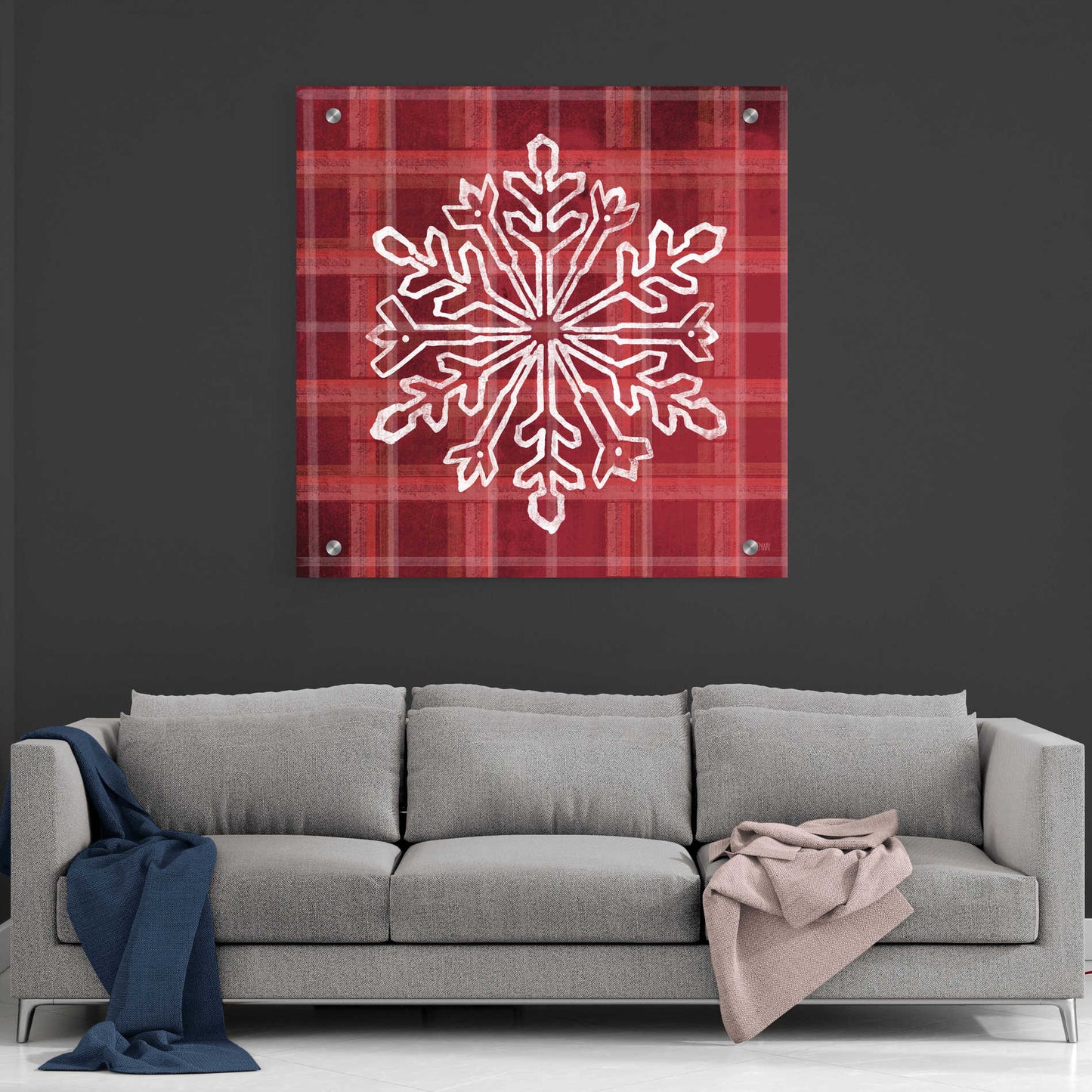 Epic Art 'Red Plaid Snowflakes' by House Fenway, Acrylic Glass Wall Art,36x36