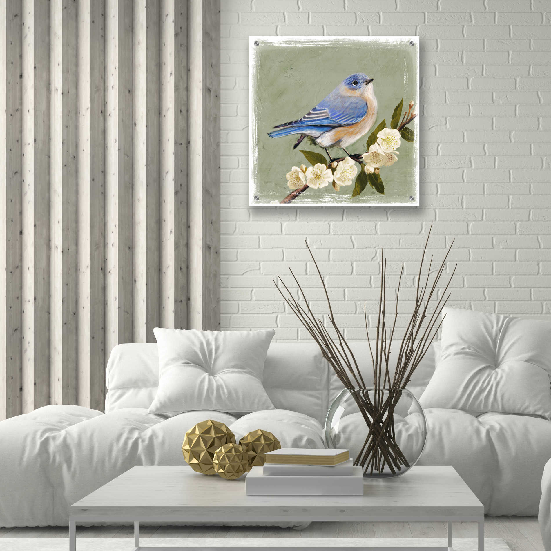 Epic Art 'Bluebird Branch I' by Victoria Borges, Acrylic Glass Wall Art,24x24