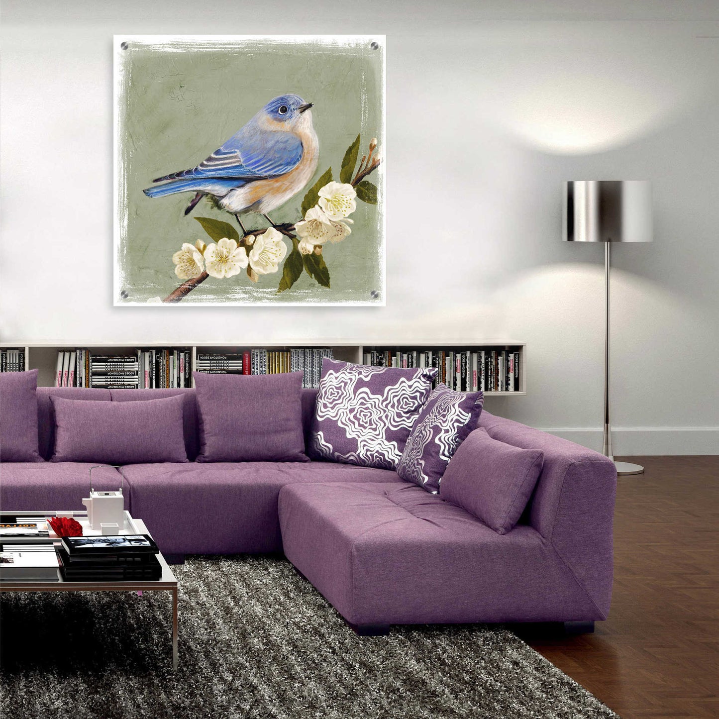 Epic Art 'Bluebird Branch I' by Victoria Borges, Acrylic Glass Wall Art,36x36