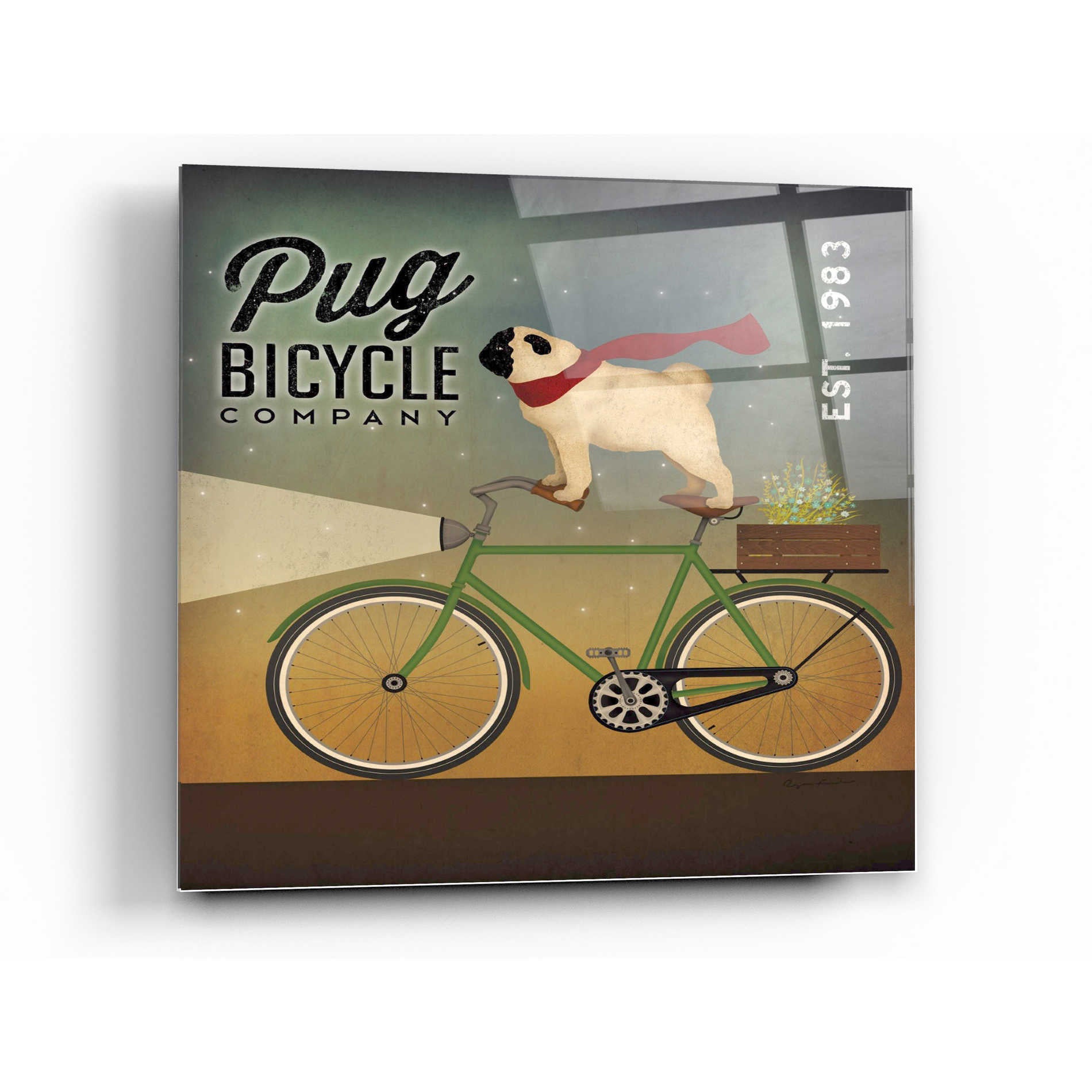 Epic Art 'Pug on a Bike' by Ryan Fowler, Acrylic Glass Wall Art,12x12
