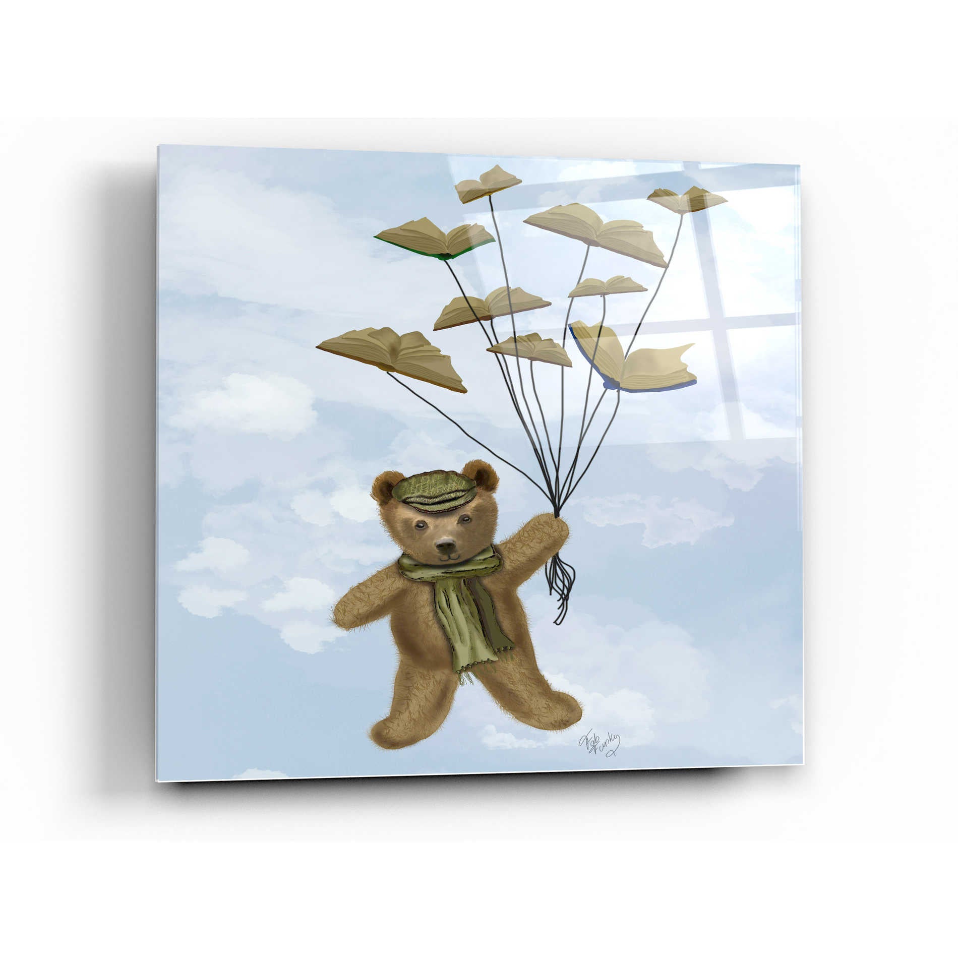 Epic Art 'Bear with Book Butterflies' by Fab Funky Acrylic Glass Wall Art,12x12