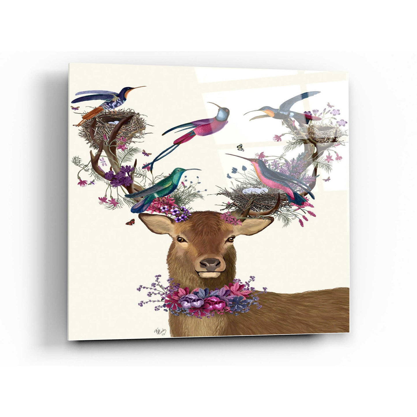 Epic Art 'Deer Birdkeeper, Tropical Bird Nests' by Fab Funky Acrylic Glass Wall Art,12x12