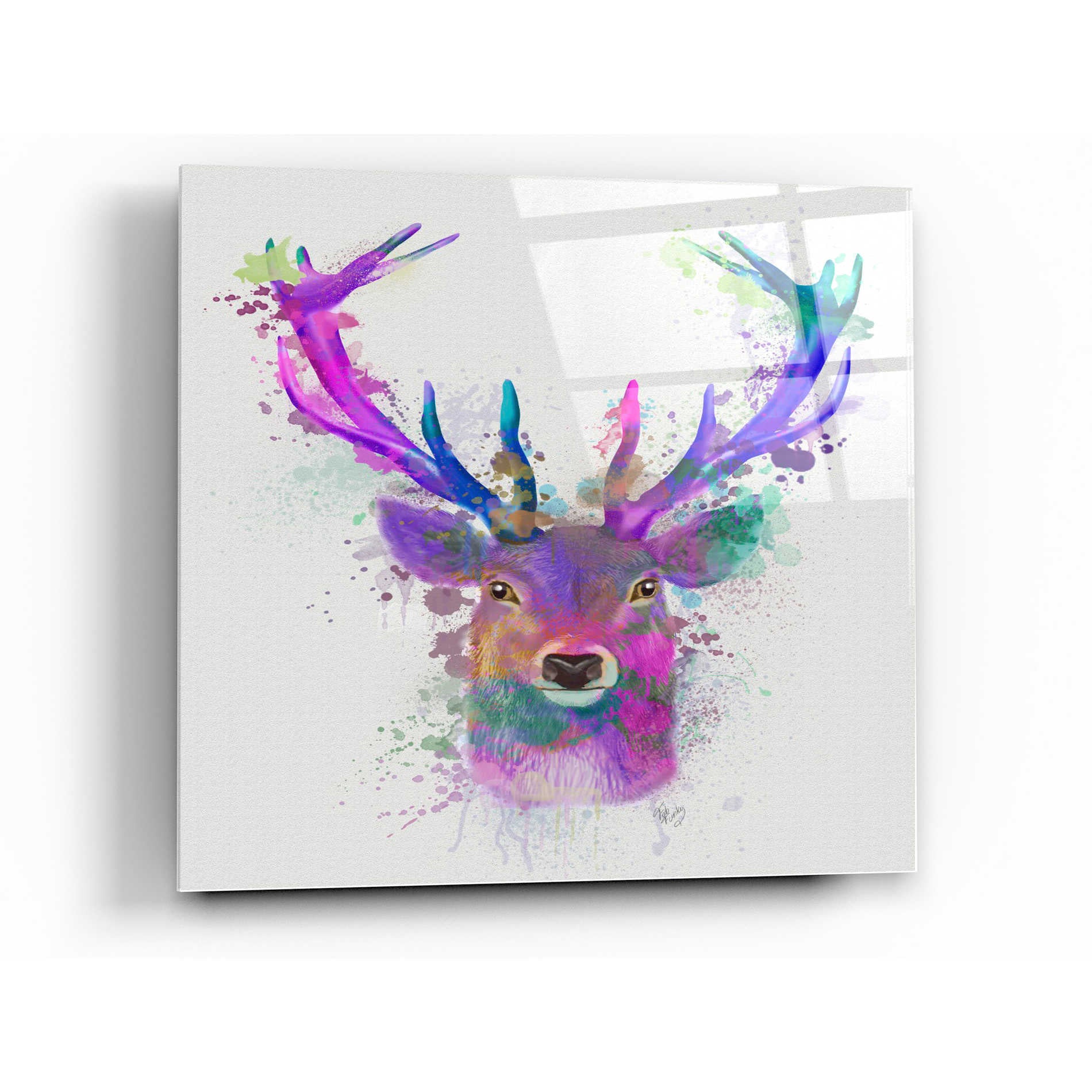 Epic Art 'Deer Head 1 Rainbow Splash Pink and Purple' by Fab Funky Acrylic Glass Wall Art,12x12