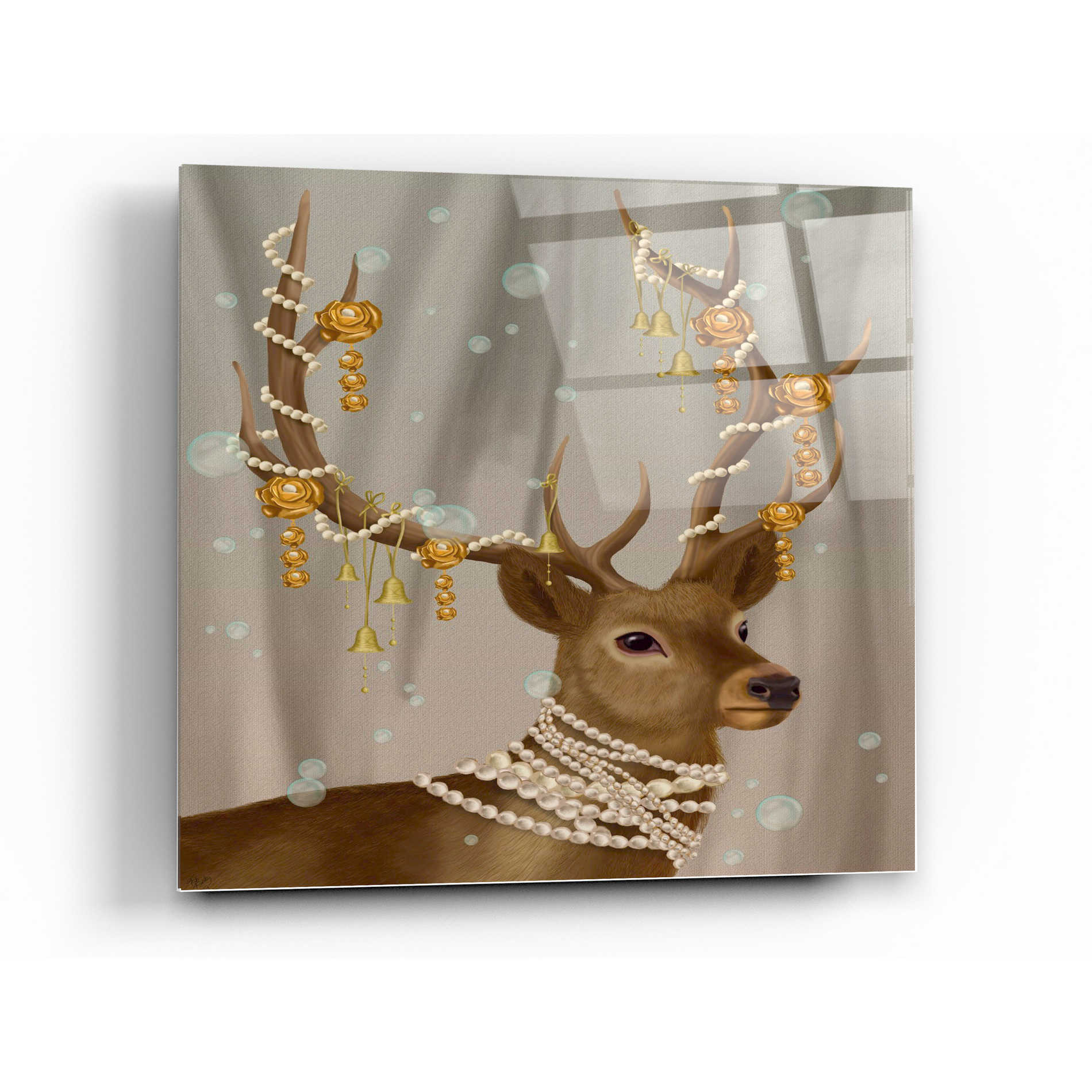 Epic Art 'Deer with Gold Bells' by Fab Funky Acrylic Glass Wall Art,12x12