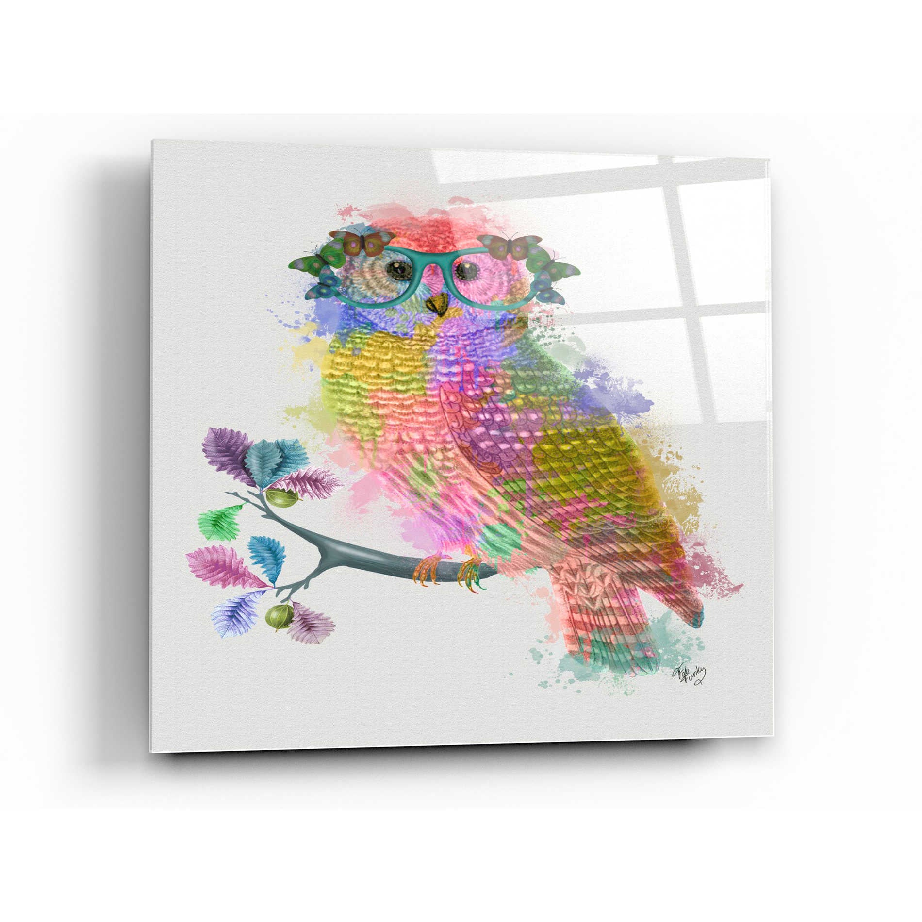 Epic Art 'Rainbow Splash Owl' by Fab Funky Acrylic Glass Wall Art,12x12