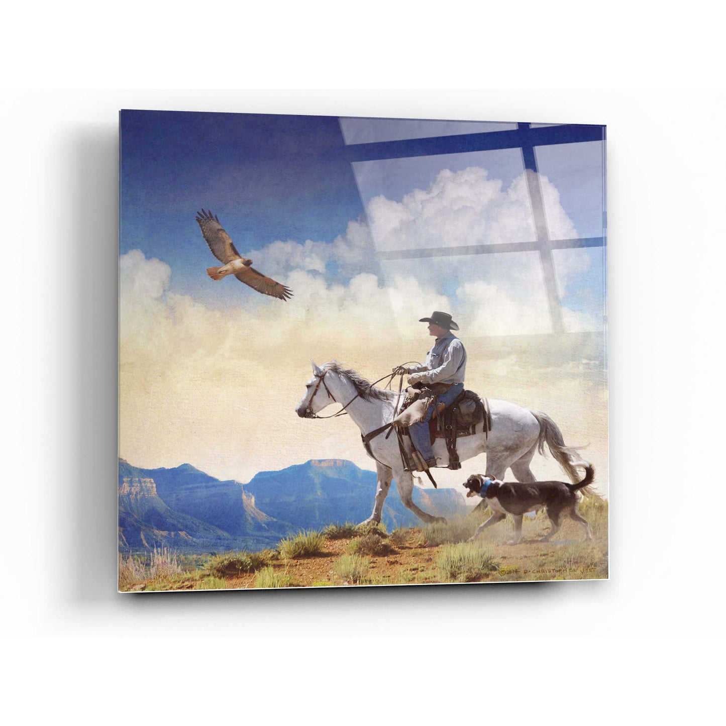 Epic Art 'Cowboy with Dog and Hawk' by Chris Vest, Acrylic Glass Wall Art,12x12