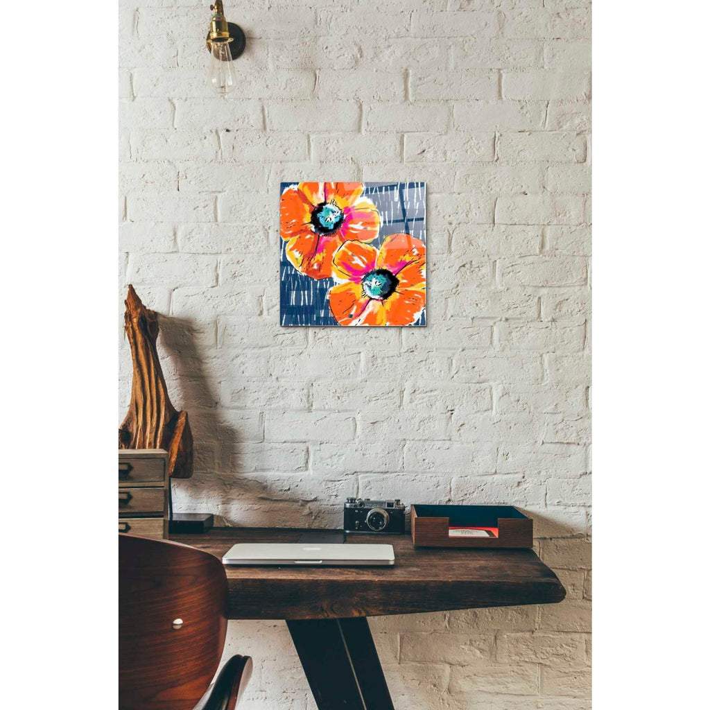 Epic Art 'Orange Poppies on Blue' by Linda Woods, Acrylic Glass Wall Art,12x12