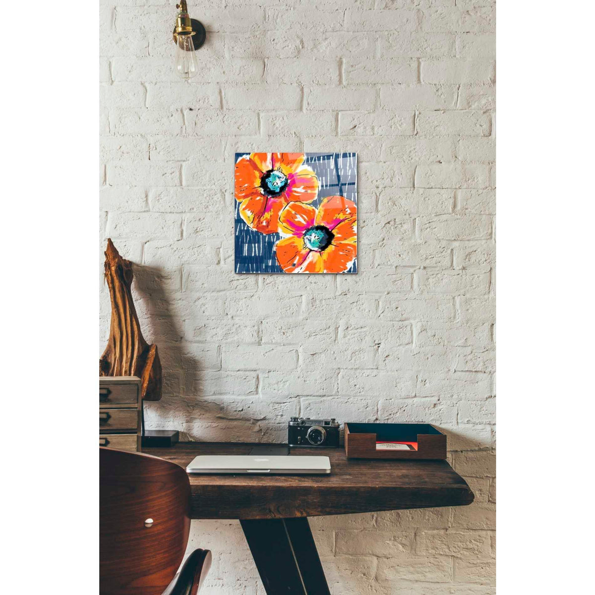 Epic Art 'Orange Poppies on Blue' by Linda Woods, Acrylic Glass Wall Art,12x12