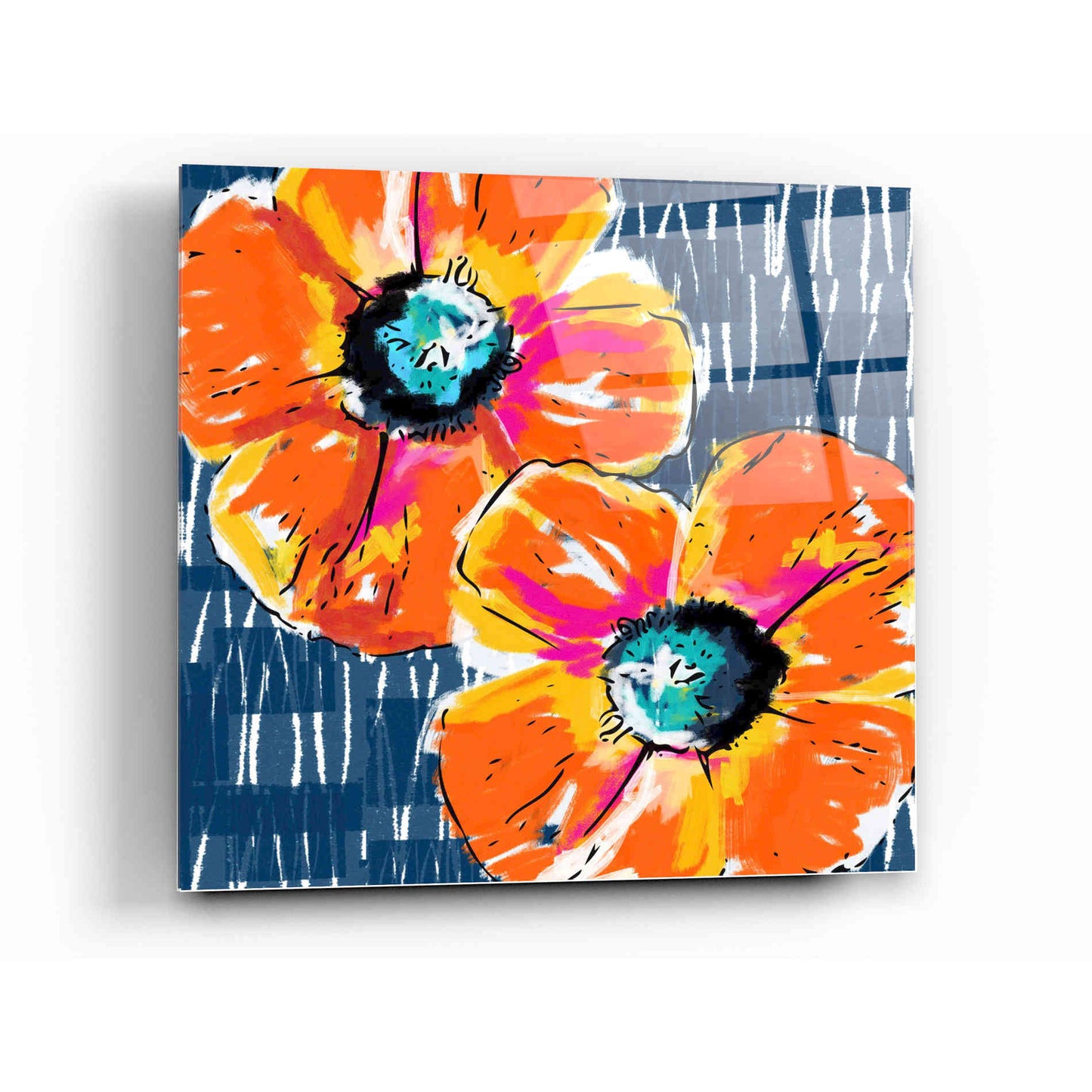 Epic Art 'Orange Poppies on Blue' by Linda Woods, Acrylic Glass Wall Art,12x12