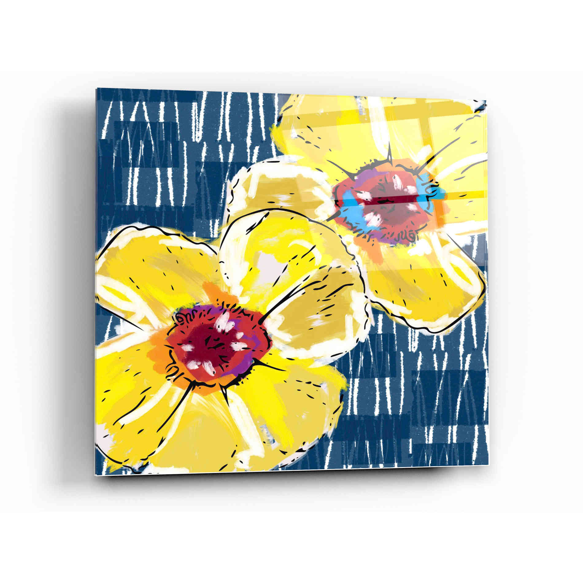 Epic Art 'Yellow Poppies on Blue' by Linda Woods, Acrylic Glass Wall Art,12x12