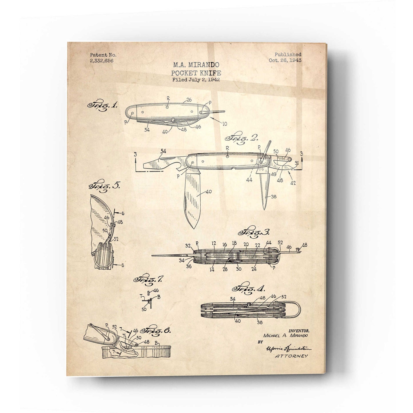 Epic Art 'Pocket Knife Blueprint Patent Parchment' Acrylic Glass Wall Art,12x16