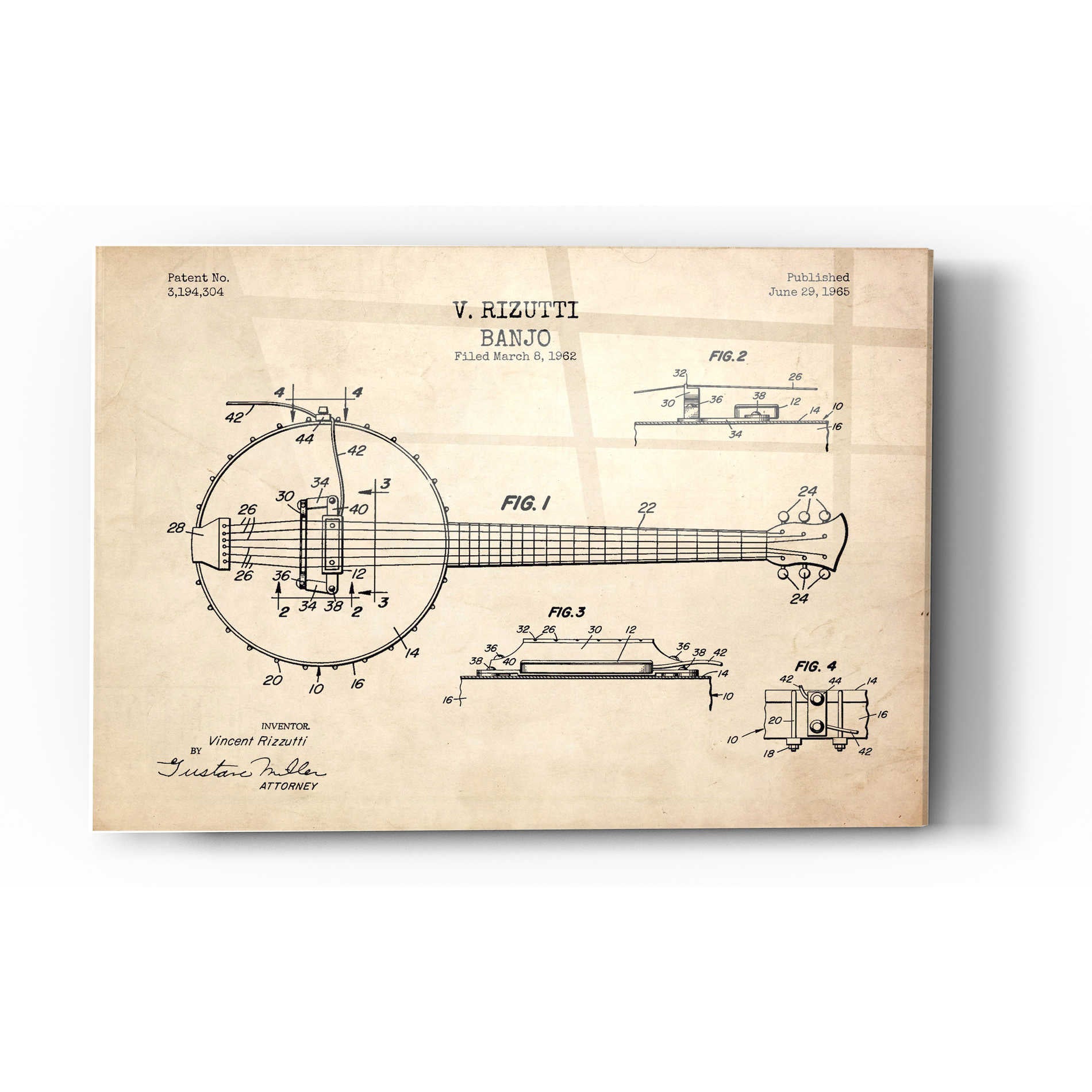 Epic Art 'Banjo Blueprint Patent Parchment' Acrylic Glass Wall Art,12x16