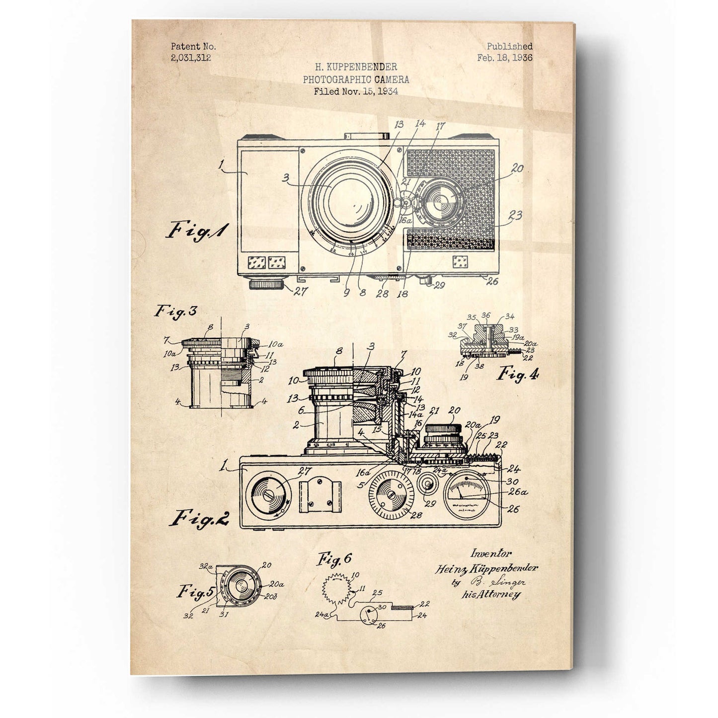 Epic Art 'Camera, 1936 Blueprint Patent Parchment' Acrylic Glass Wall Art,12x16