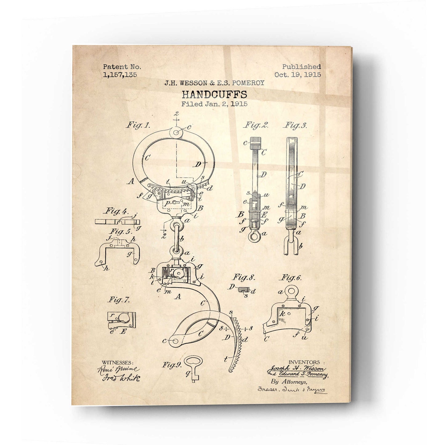 Epic Art 'Handcuffs Blueprint Patent Parchment' Acrylic Glass Wall Art,12x16