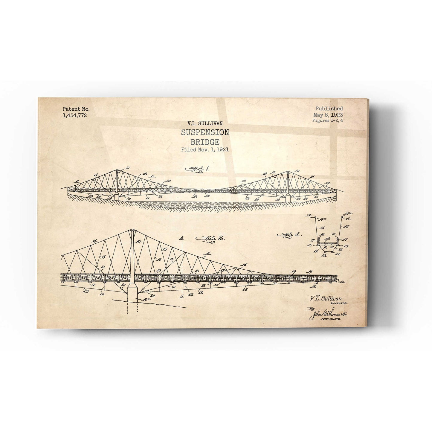 Epic Art 'Suspension Bridge Blueprint Patent Parchment' Acrylic Glass Wall Art,12x16