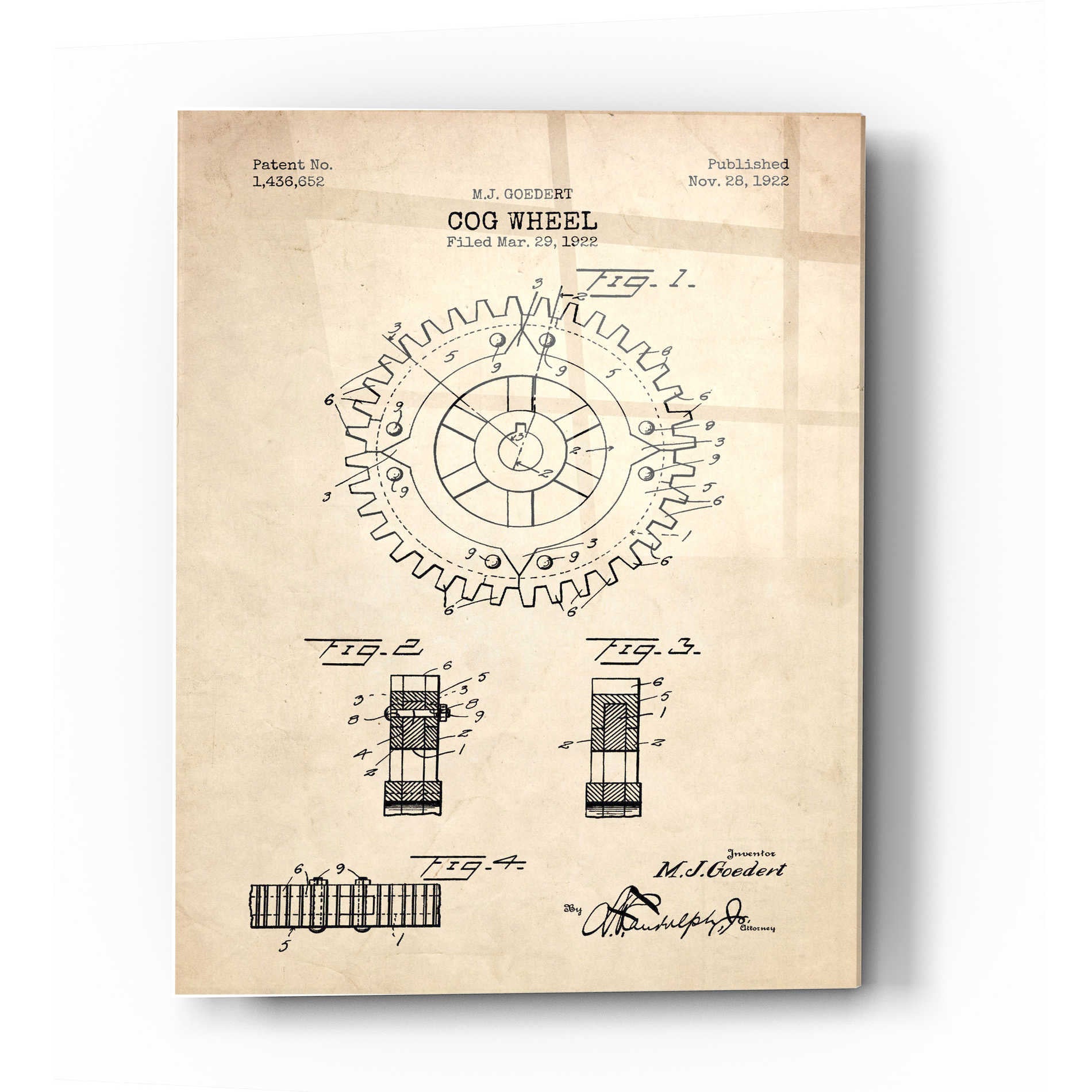 Epic Art 'Cog Wheel Blueprint Patent Parchment' Acrylic Glass Wall Art,12x16