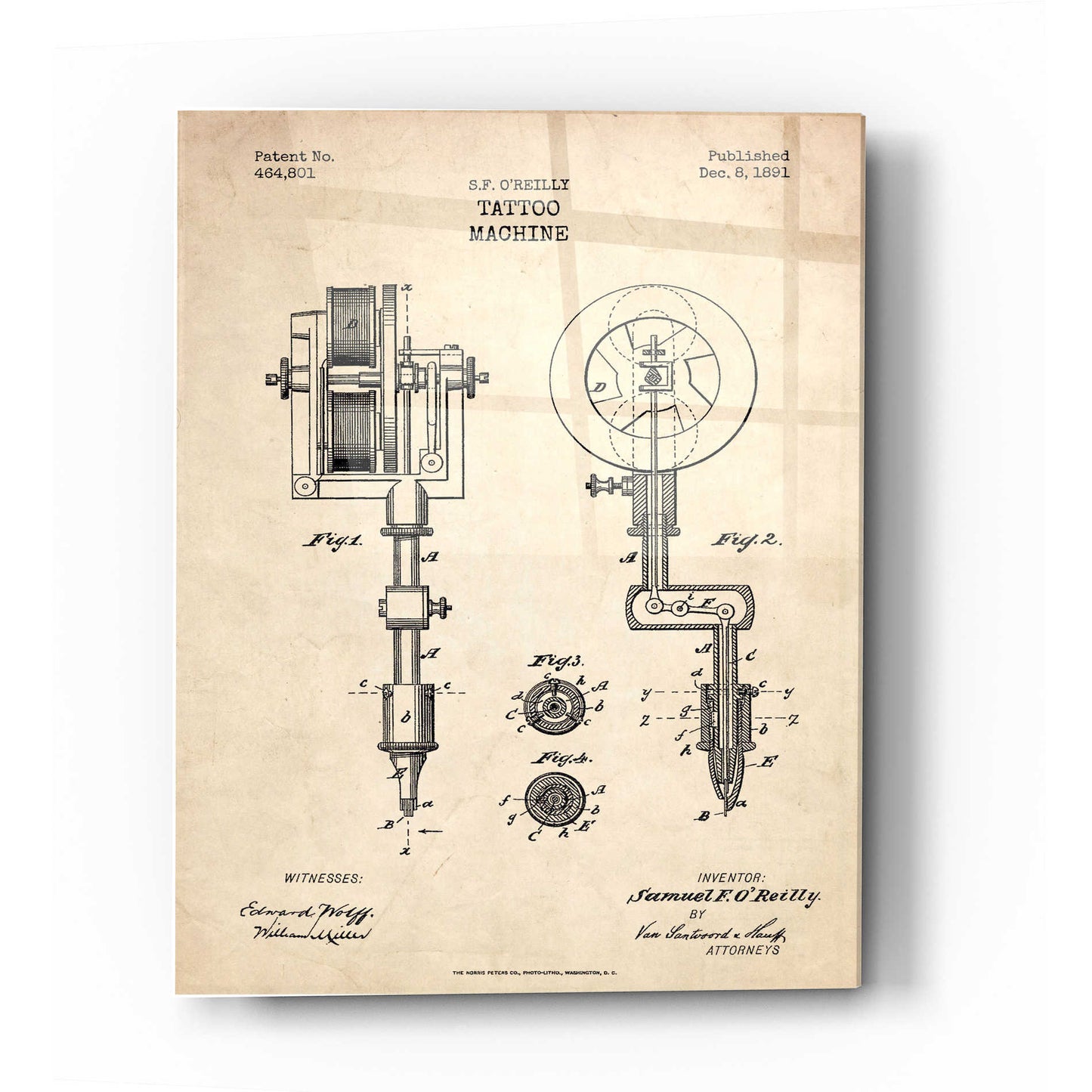 Epic Art 'Tattoo Machine Blueprint Patent Parchment' Acrylic Glass Wall Art,12x16