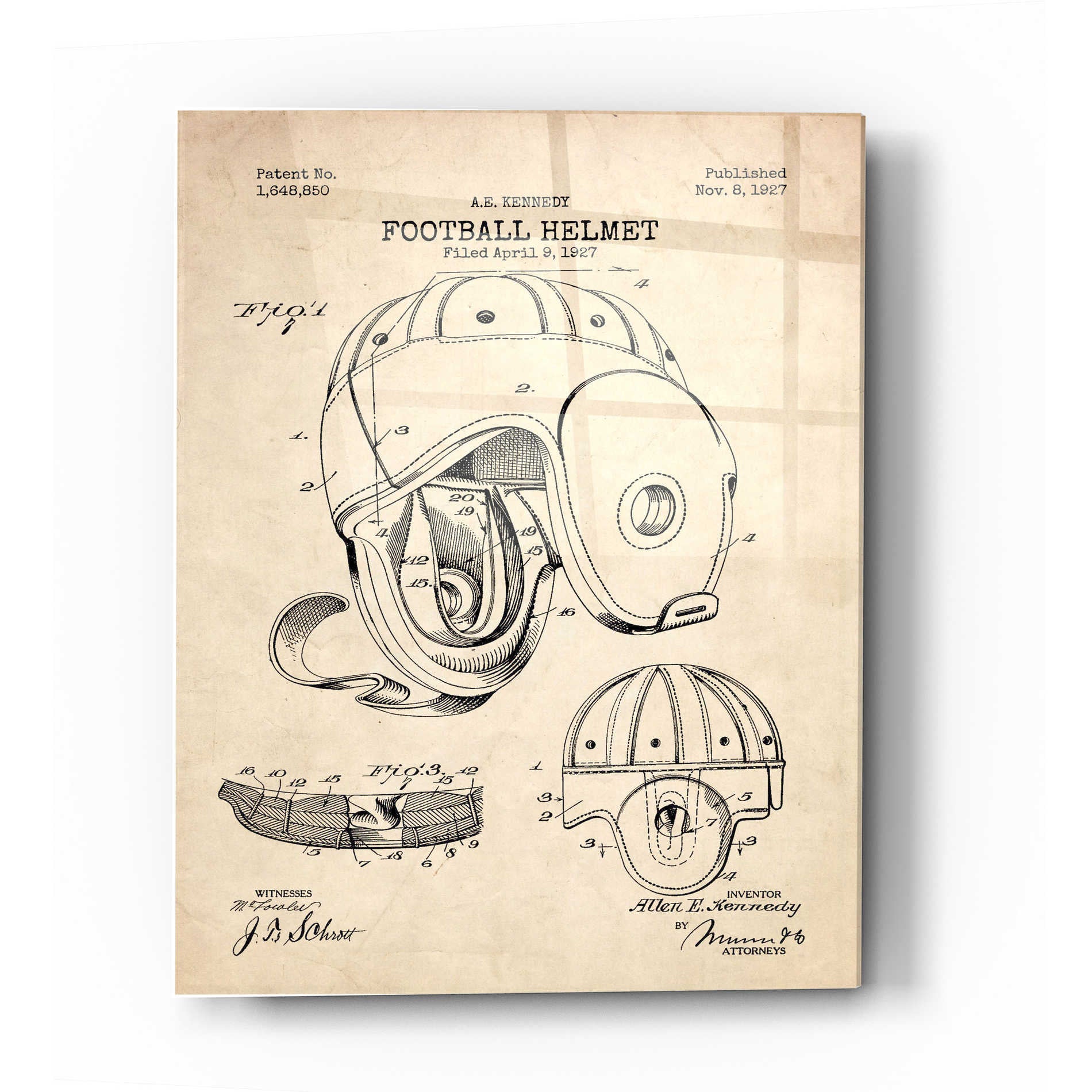 Epic Art 'Football Helmet Blueprint Patent Parchment' Acrylic Glass Wall Art,12x16