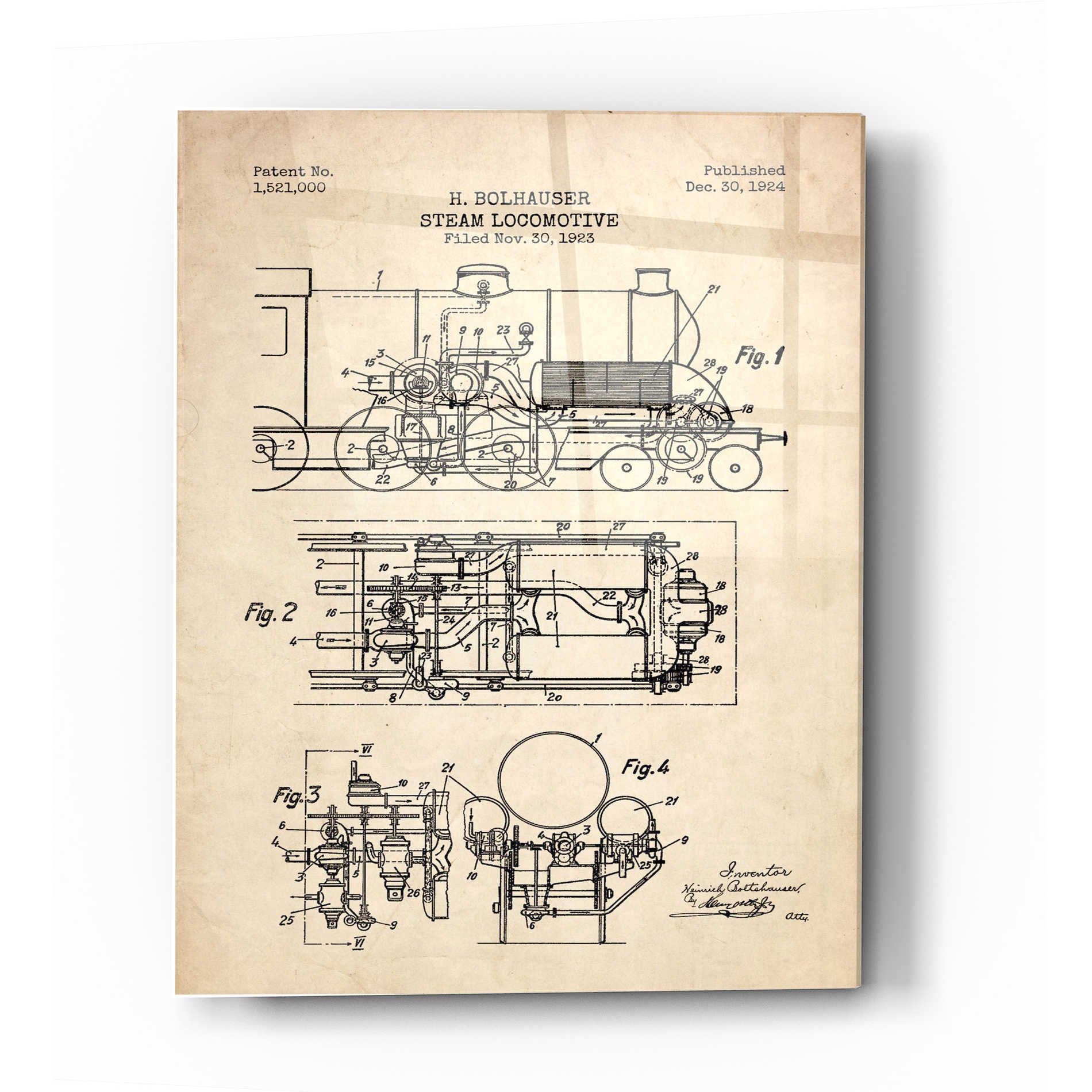 Epic Art 'Steam Locomotive Blueprint Parchment Patent' Acrylic Glass Wall Art,12x16