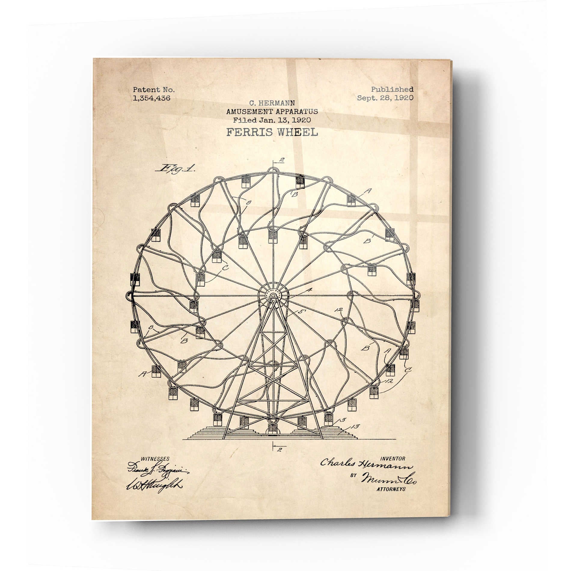 Epic Art 'Ferris Wheel, 1920 Blueprint Parchment Patent' Acrylic Glass Wall Art,12x16