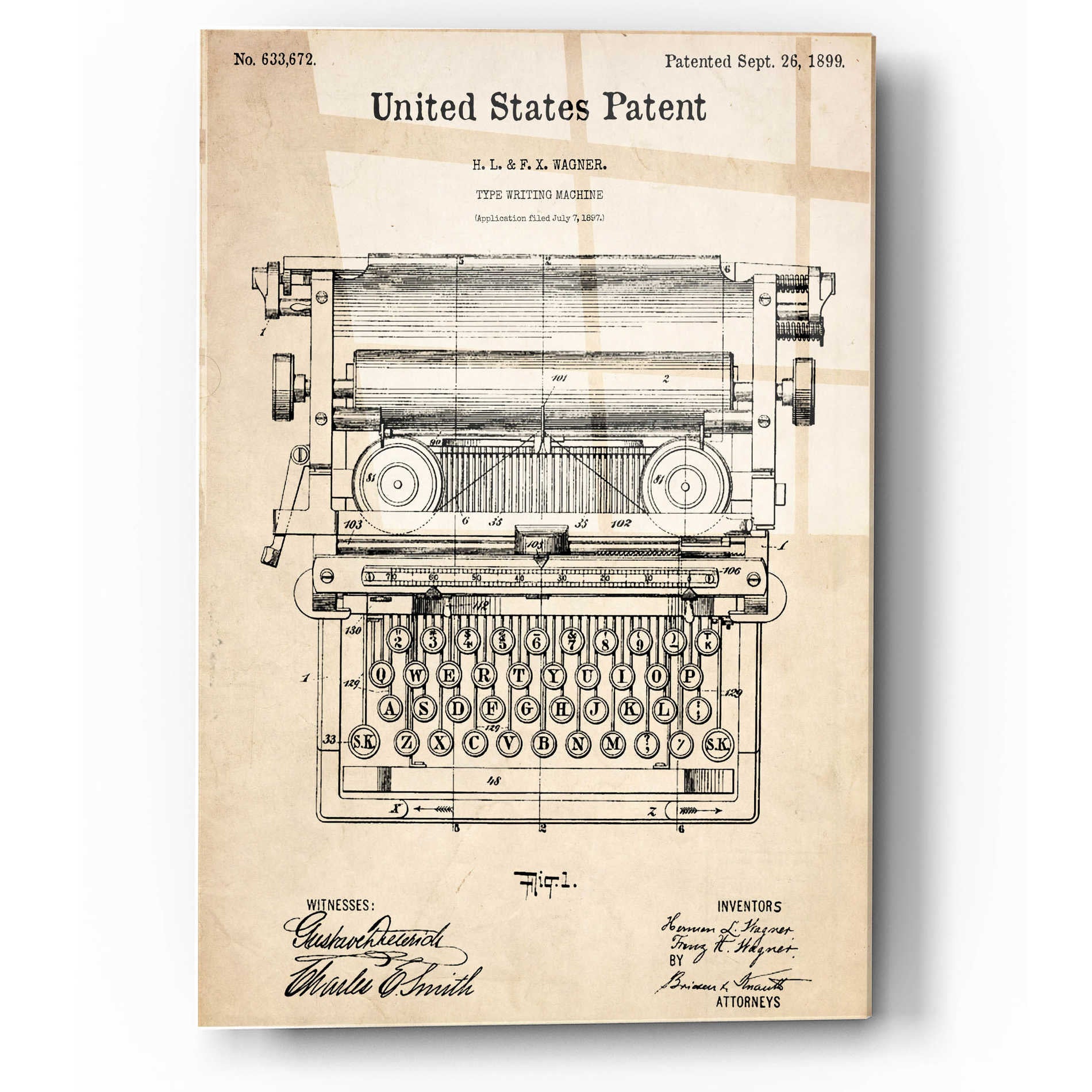 Epic Art 'Typewriter Vintage Patent Blueprint' Acrylic Glass Wall Art,12x16