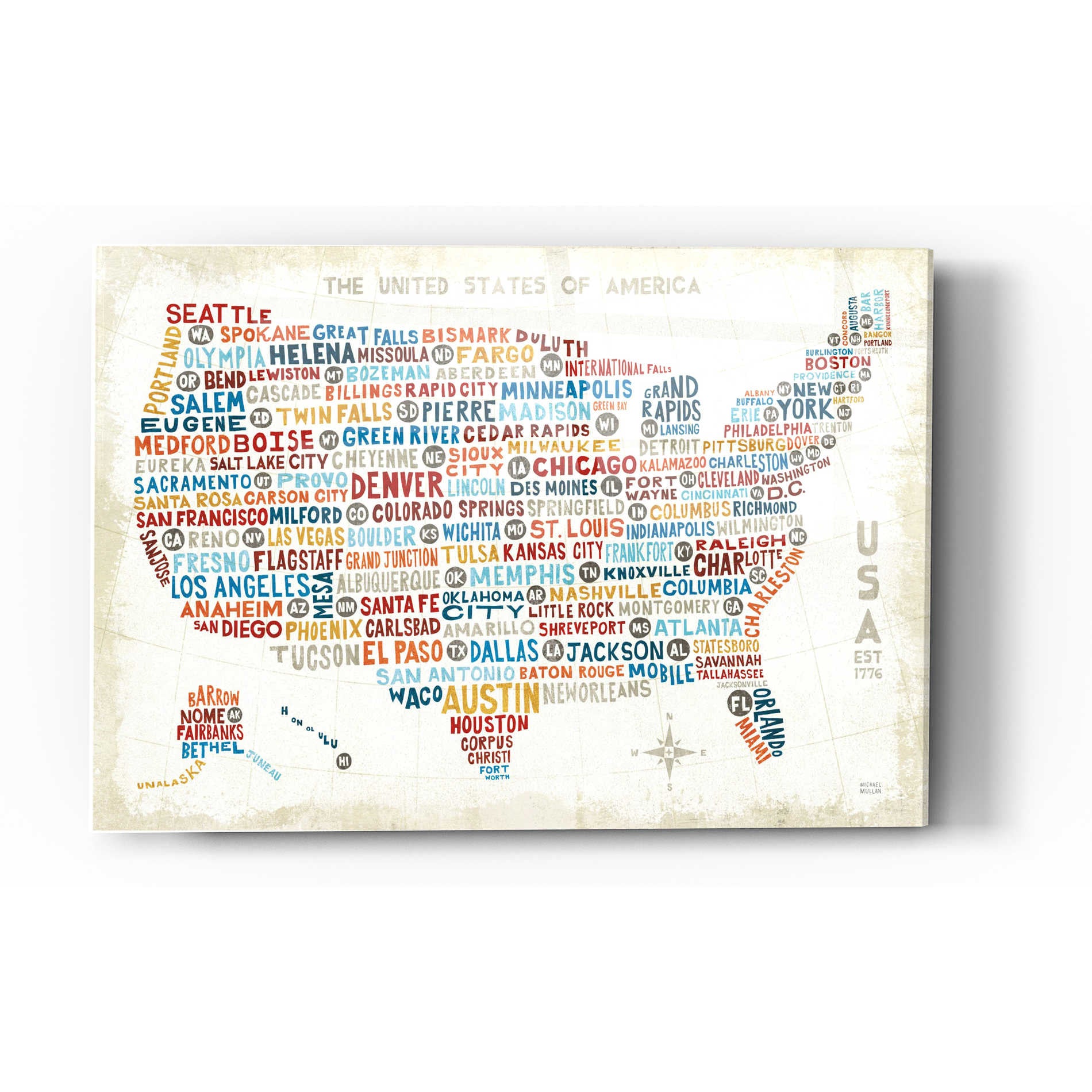 Epic Art 'US City Map' by Michael Mullan, Acrylic Glass Wall Art,12 x 16