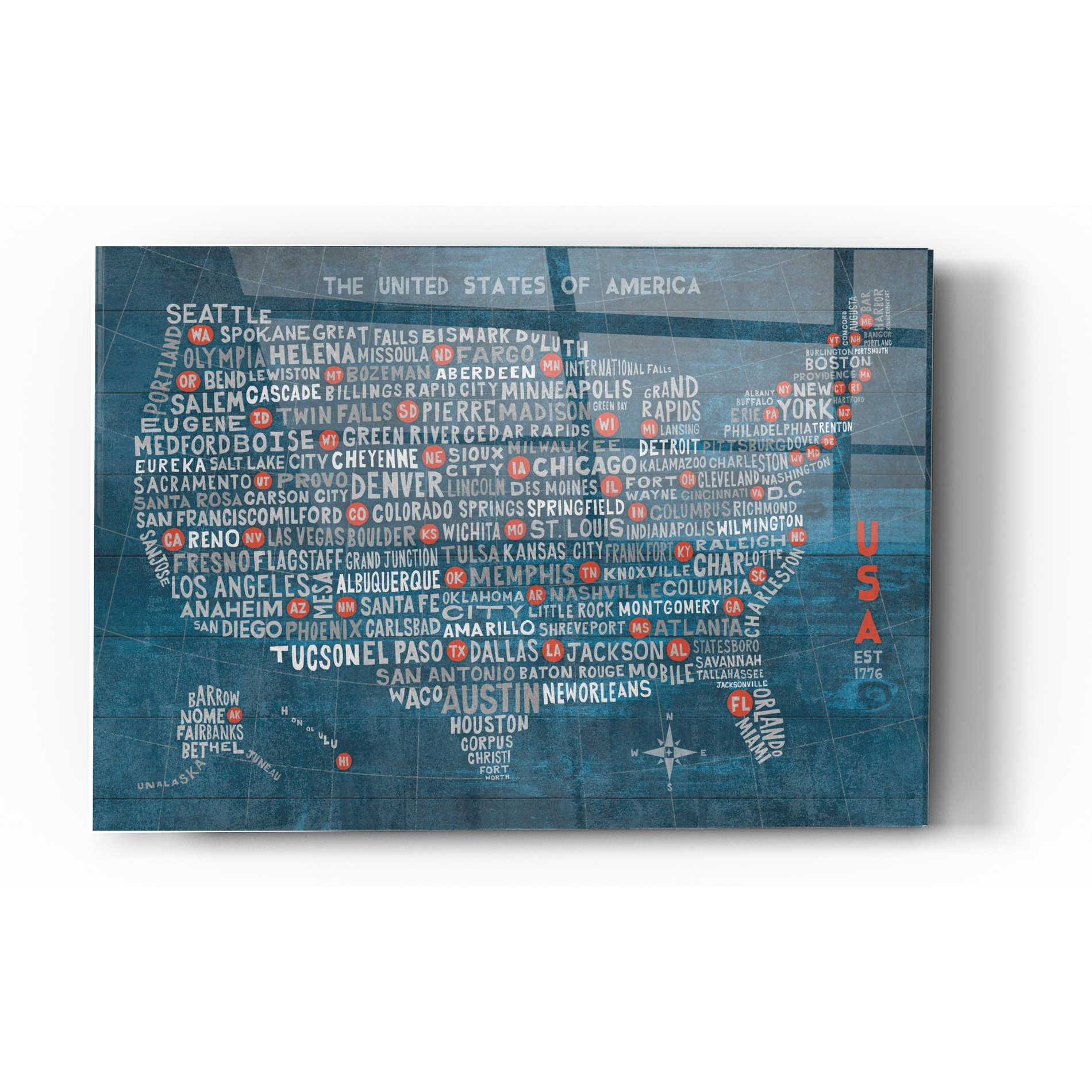 Epic Art 'US City Map on Wood Blue' by Michael Mullan, Acrylic Glass Wall Art,12 x 16