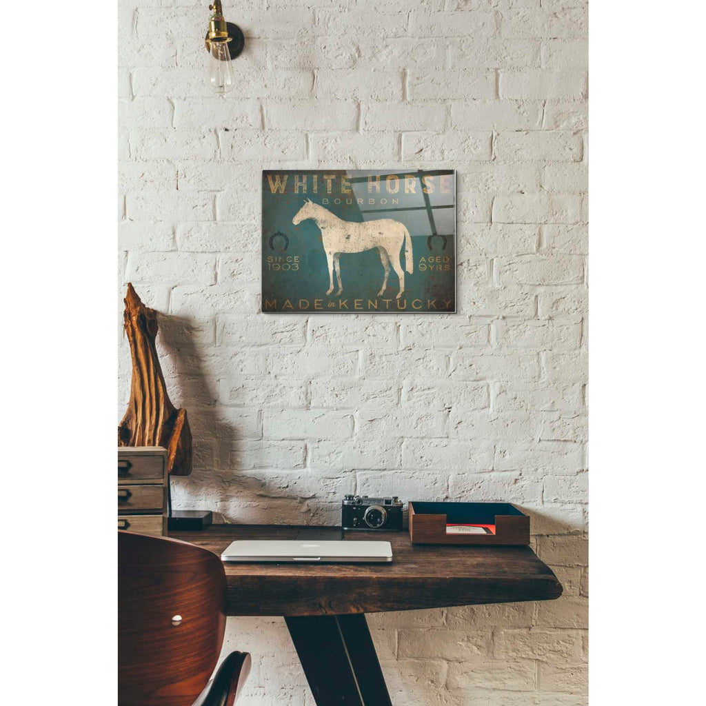 Epic Art 'White Horse with Words Blue' by Ryan Fowler, Acrylic Glass Wall Art,12x16