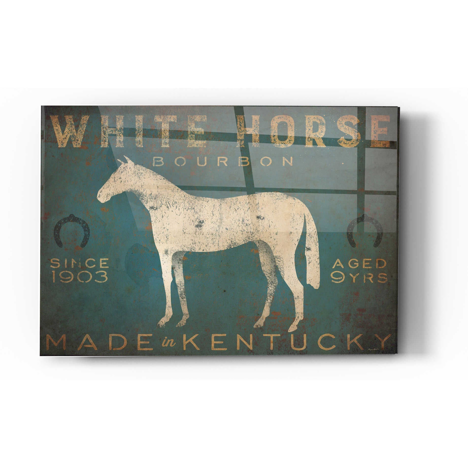 Epic Art 'White Horse with Words Blue' by Ryan Fowler, Acrylic Glass Wall Art,12x16