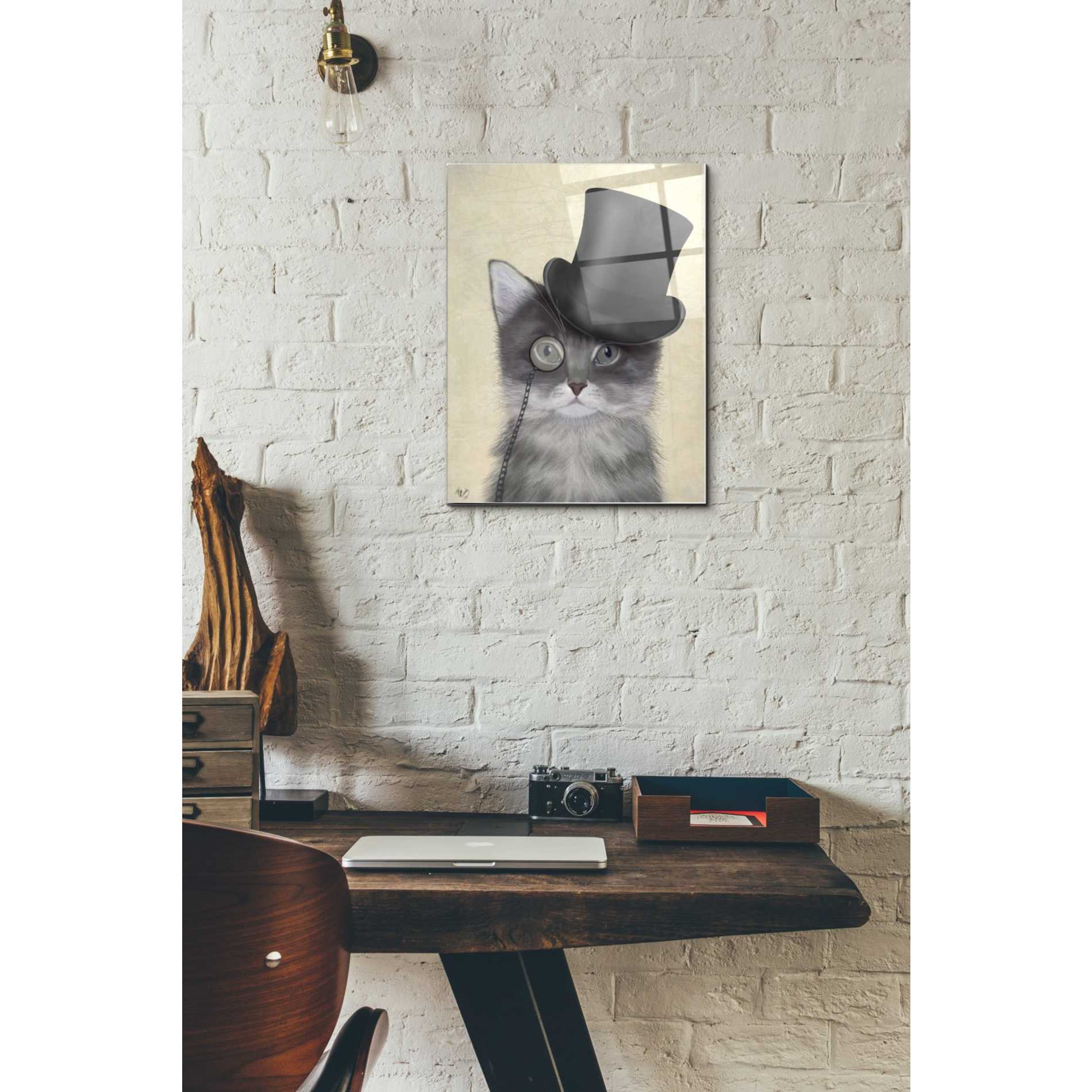 Epic Art 'Cat, Grey with Top Hat' by Fab Funky Acrylic Glass Wall Art,12x16