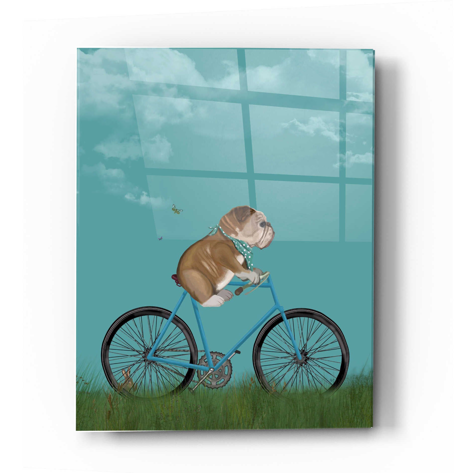 Epic Art 'English Bulldog on Bicycle - Sky' by Fab Funky Acrylic Glass Wall Art,12x16