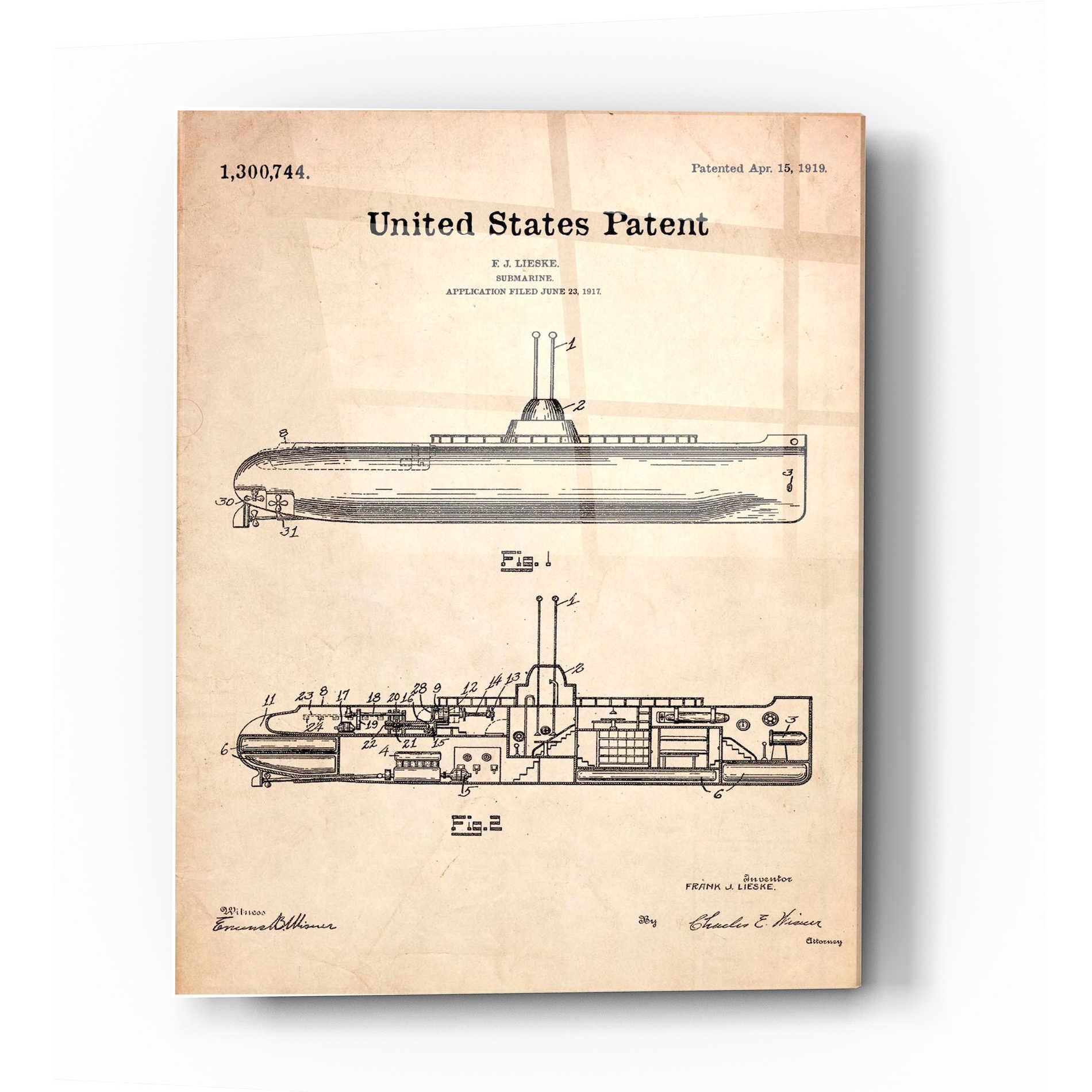Epic Art 'Submarine Blueprint Patent Parchment' Acrylic Glass Wall Art,12x16